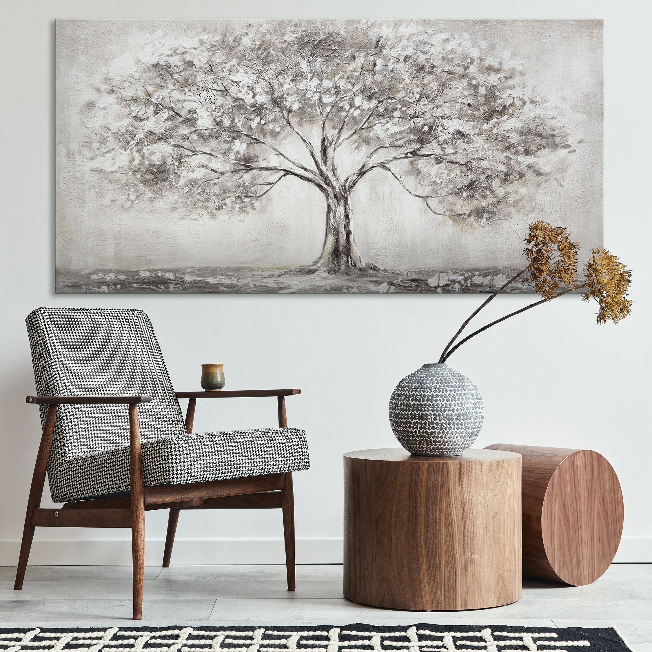 YS-Art Gemälde Lebensbaum, Landschaft, Leinwand Bild Handgemalt Grau Lebensbaum Natur Familie