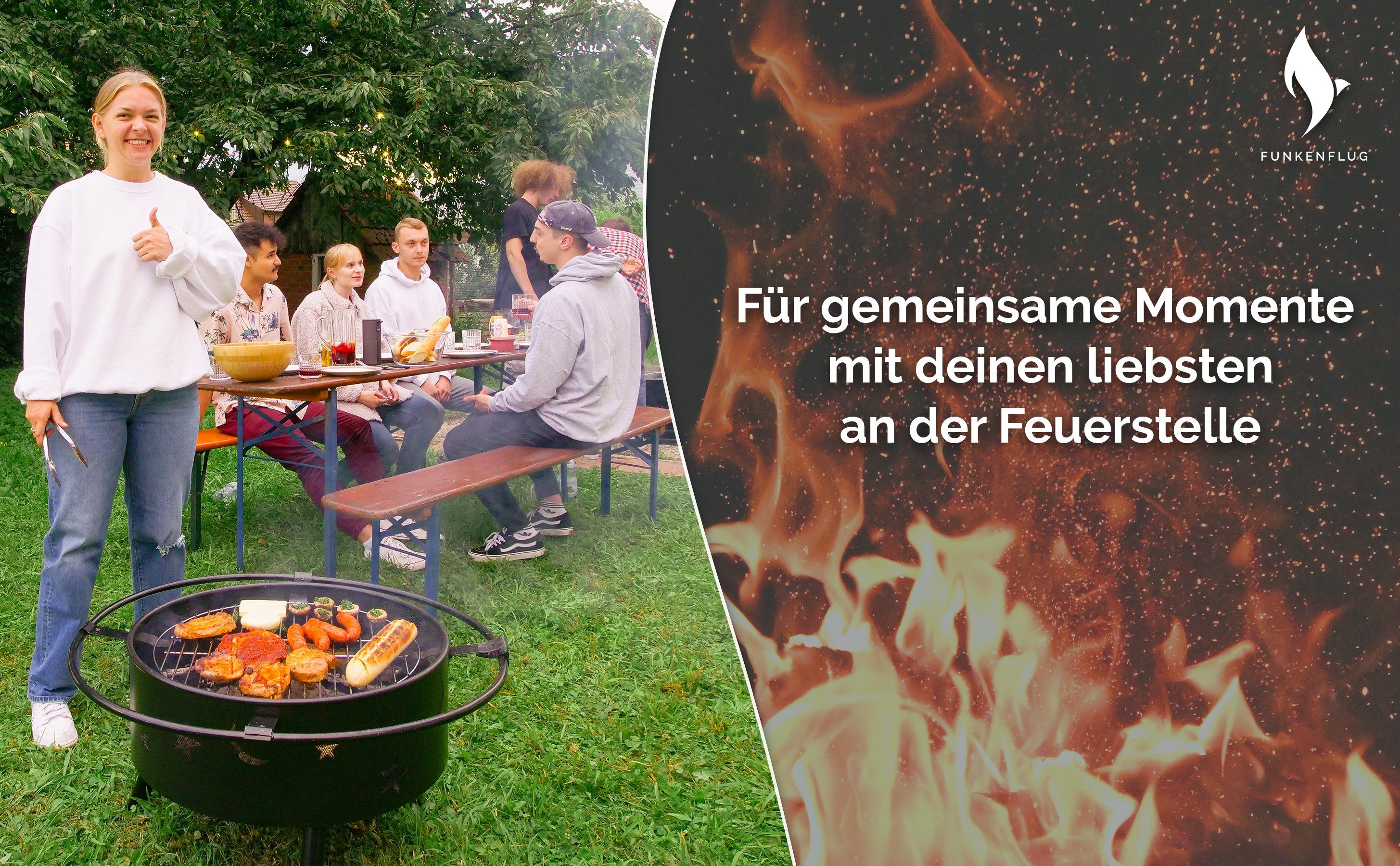 Funkenflug Feuerschale Feuerschale mit Funkenschutz in atemberaubender Mond und Sterne Optik, (Feuerschale inkl. Grillzubehör, Feuerkorb mit Grillrost & Grill Abdeckhaube), - Feuerstelle für geselliges Ambiente -