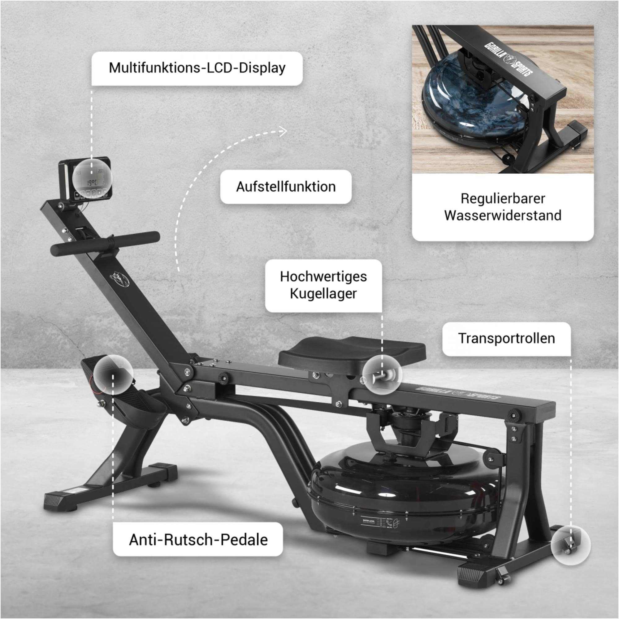 GORILLA SPORTS Rudergerät Wasserrudergerät - LCD-Display, Wasserwiderstand, kugelgelagerter Sitz (1-tlg)
