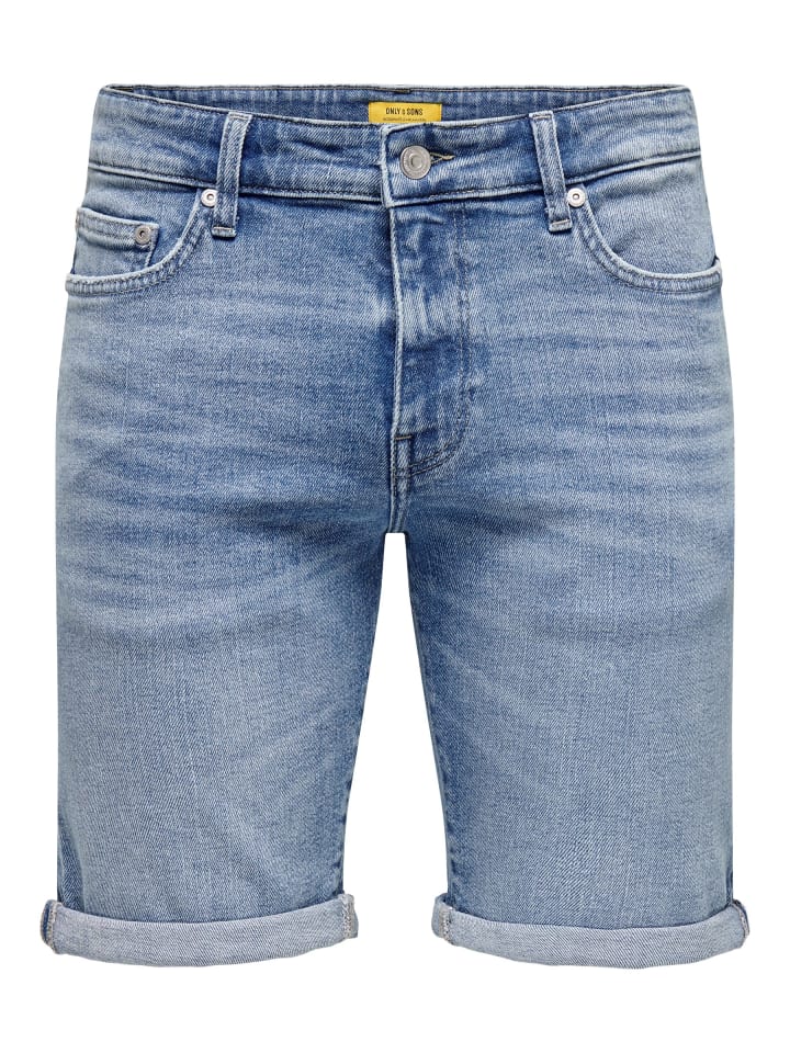 Only&Sons Jeansshorts mit umgeschlagenem Saum und Knopfverschluss in Blau-3 günstig kaufen