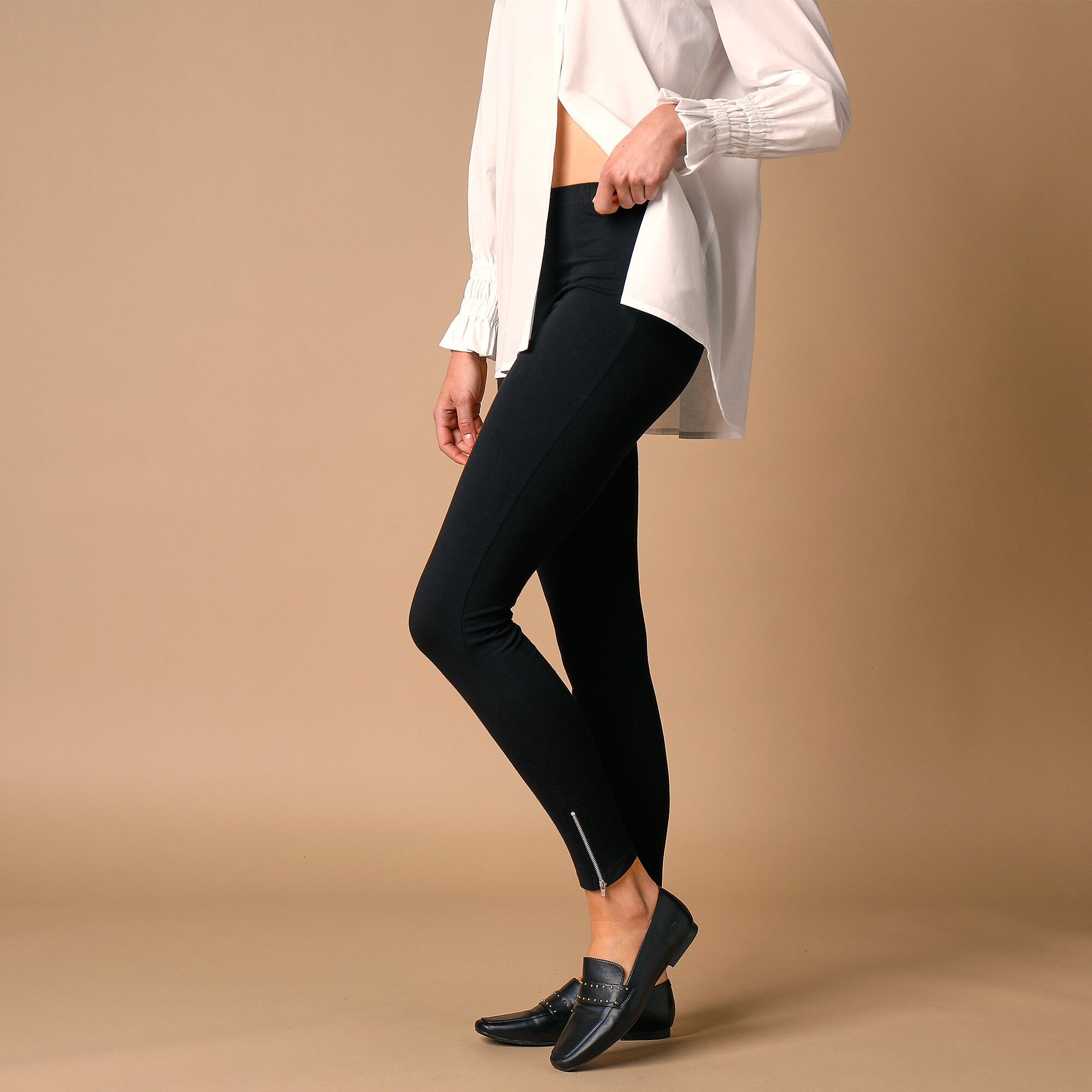 Legging bas de jambe zippé, taille élastiquée