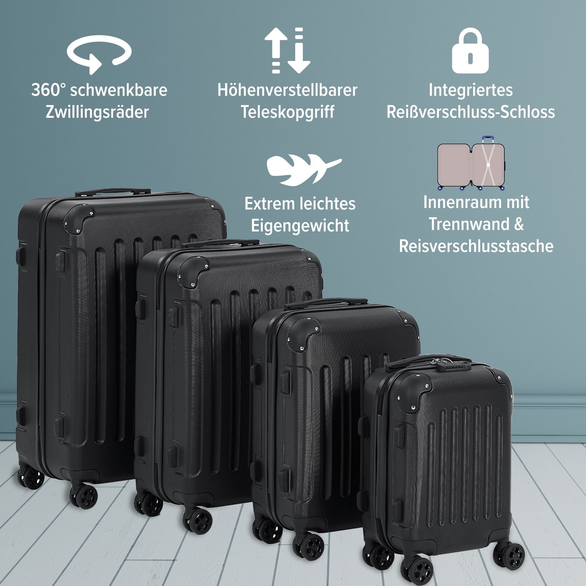 Arebos Kofferset Reisekoffer 4er Set Hartschalen Koffer Trolley S-M-L-XL-Set