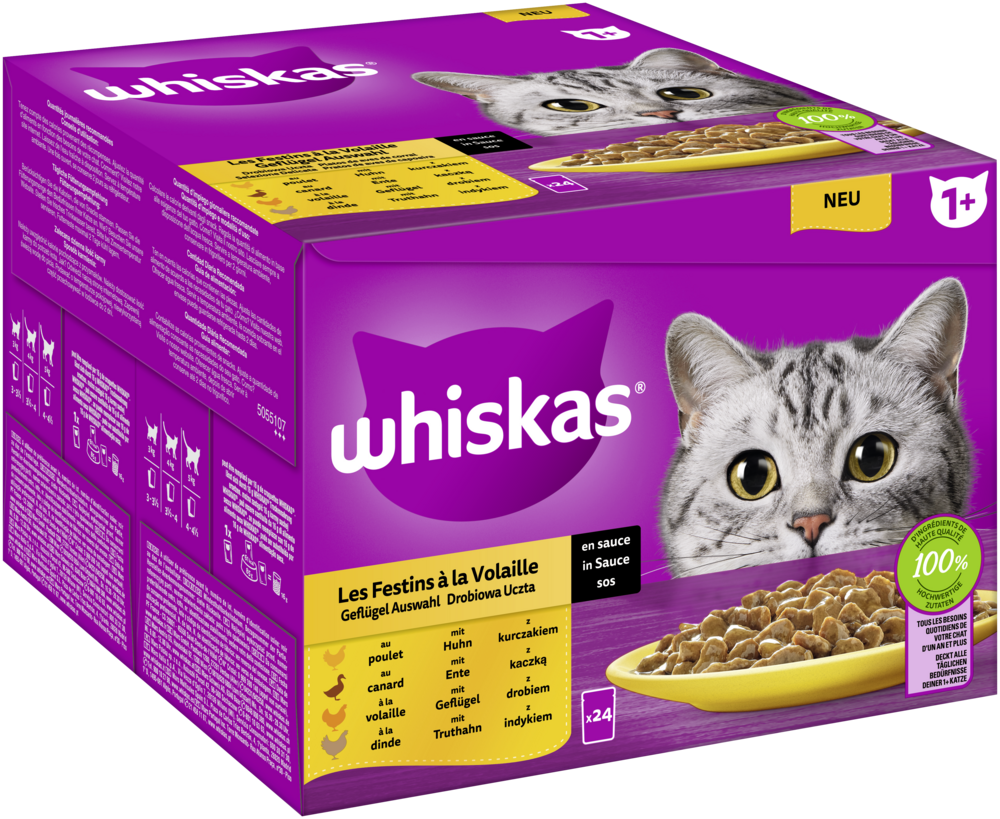 Whiskas Portionsbeutel Multipack Vorratspack 1  Geflügel Auswahl in Sauce 24 x 85g