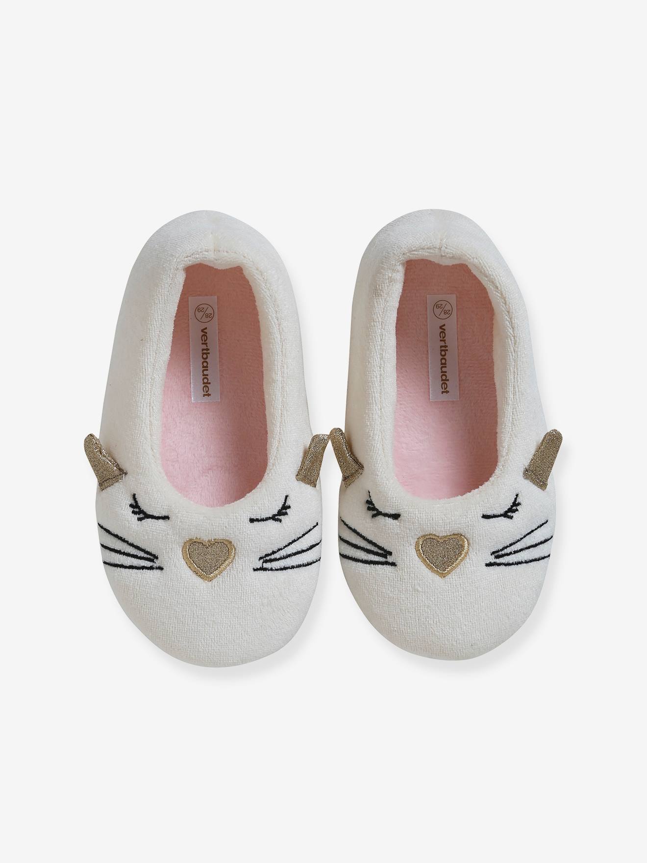 Vertbaudet Kinder Stoffhausschuhe, Ballerina-Form - wollweiß
