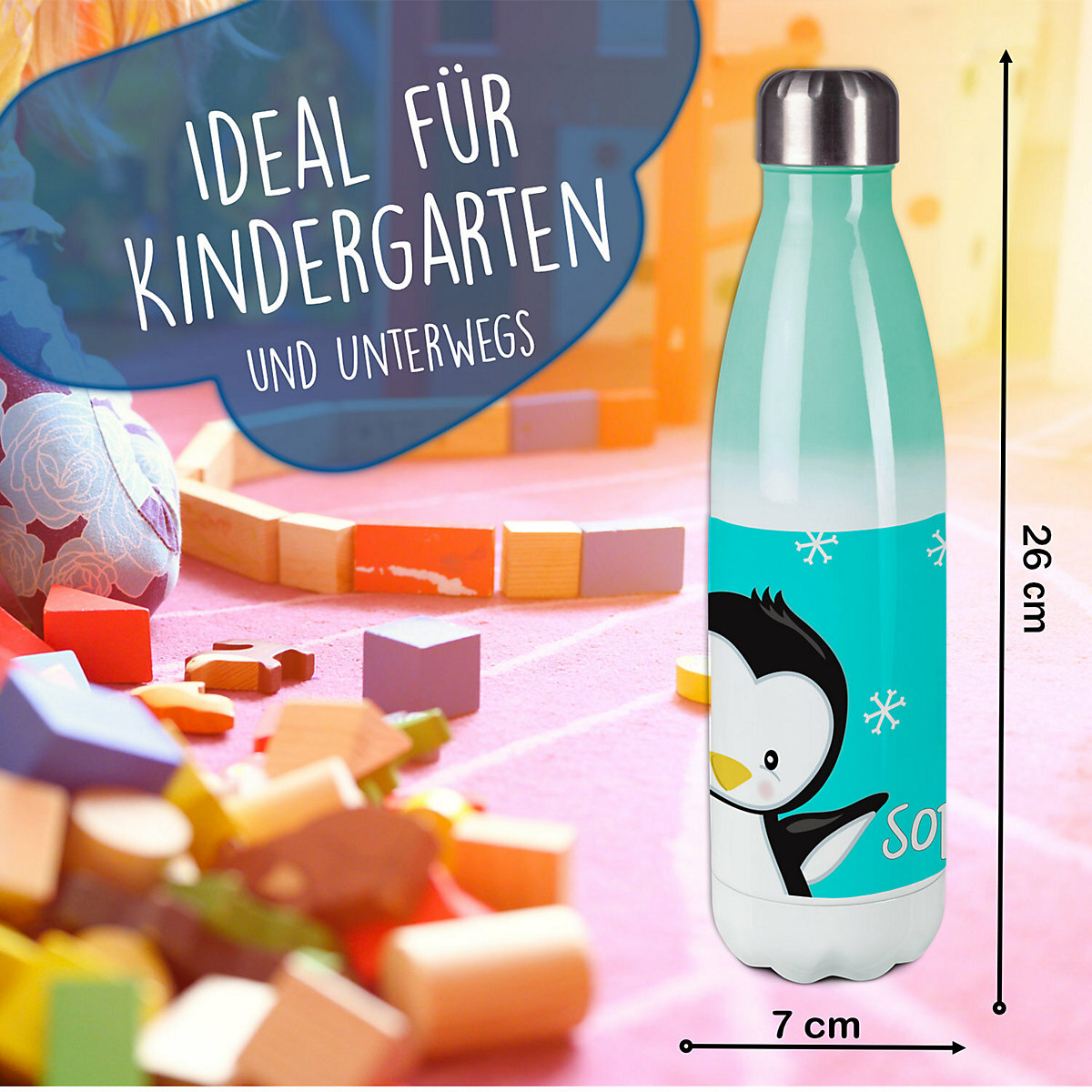 Edelstahl Kinder Thermoflasche / Trinkflasche bunt Pinguin Farbe türkis Spülmaschinenfest, Auslaufsicher, Bruchfest, Doppelwandig, Für Heißgetränke geeignet, Mit Deckel, Isoliert