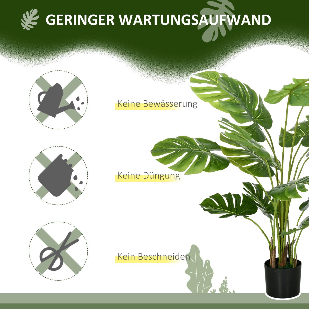 HOMCOM Künstliche Pflanze, 120 cm Kunstpflanze, Künstlich Monstera mit Übertopf