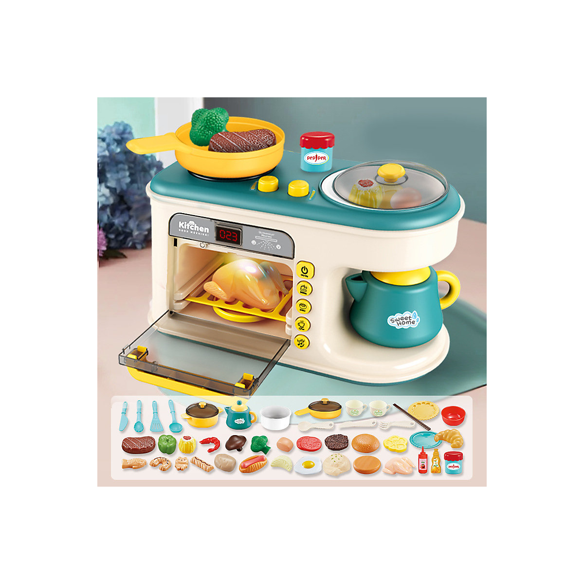 Mini-Küchenspielzeug für Kinder 47PCS Multifunktions-Frühstücksmaschine, Mikrowelle, Kindergeschirr