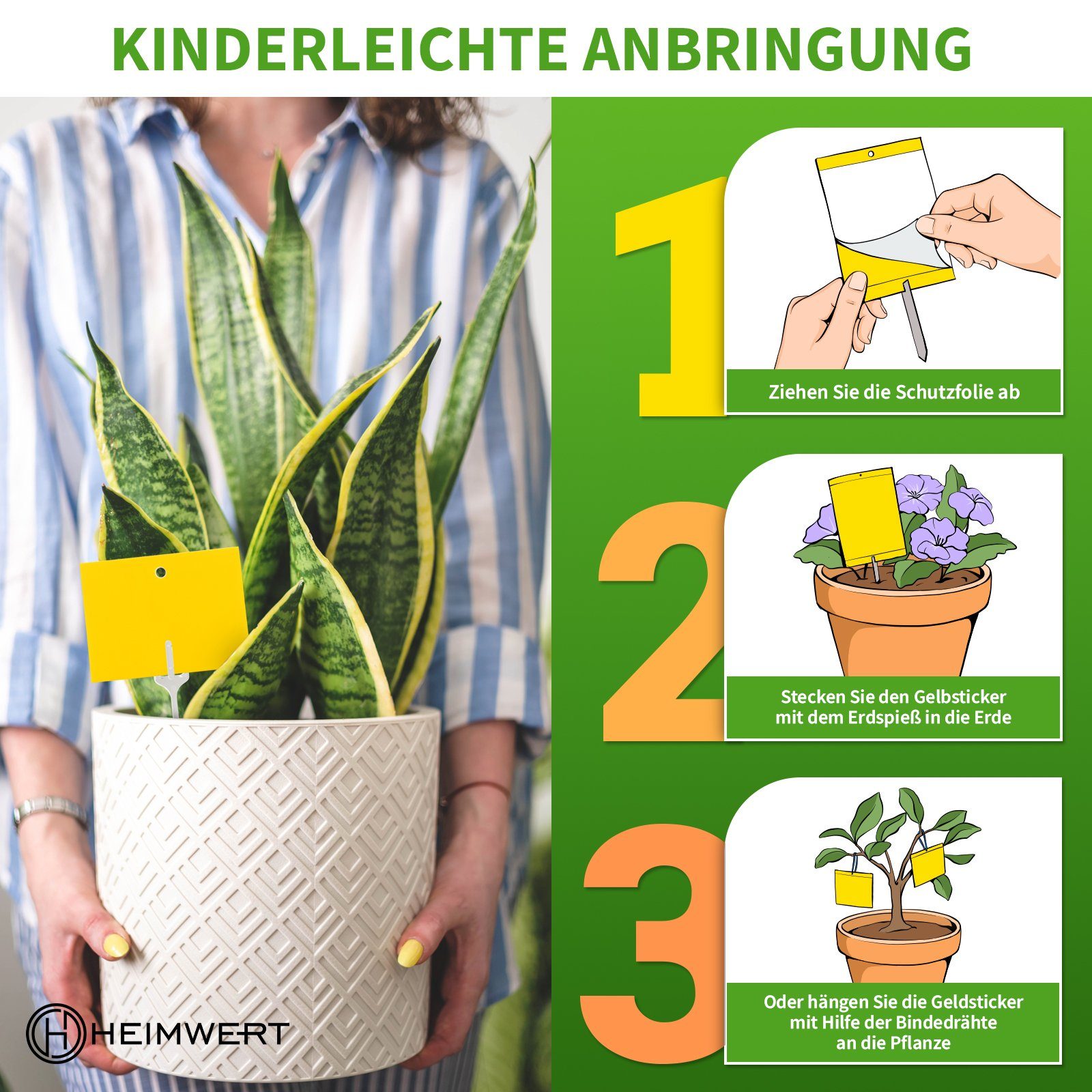 HEIMWERT Klebefalle Gelbsticker Gelbtafeln XXL, 6 Monate Langzeit teilbar mit 20 XXL Erdspießen und 20 Bindedrähten