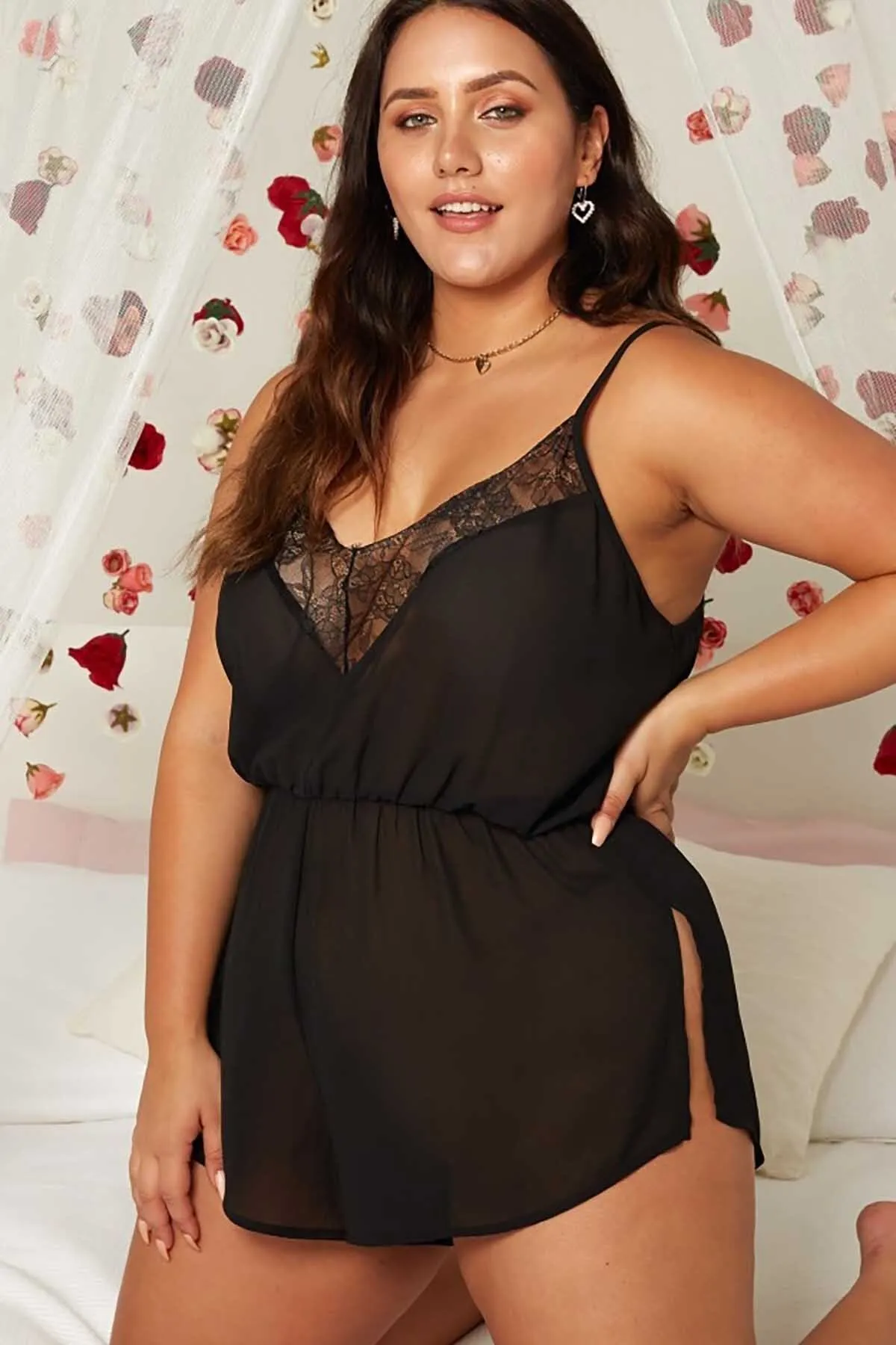 Merry See  Spitzenbesticktes Chiffon-Overall-Nachthemd
