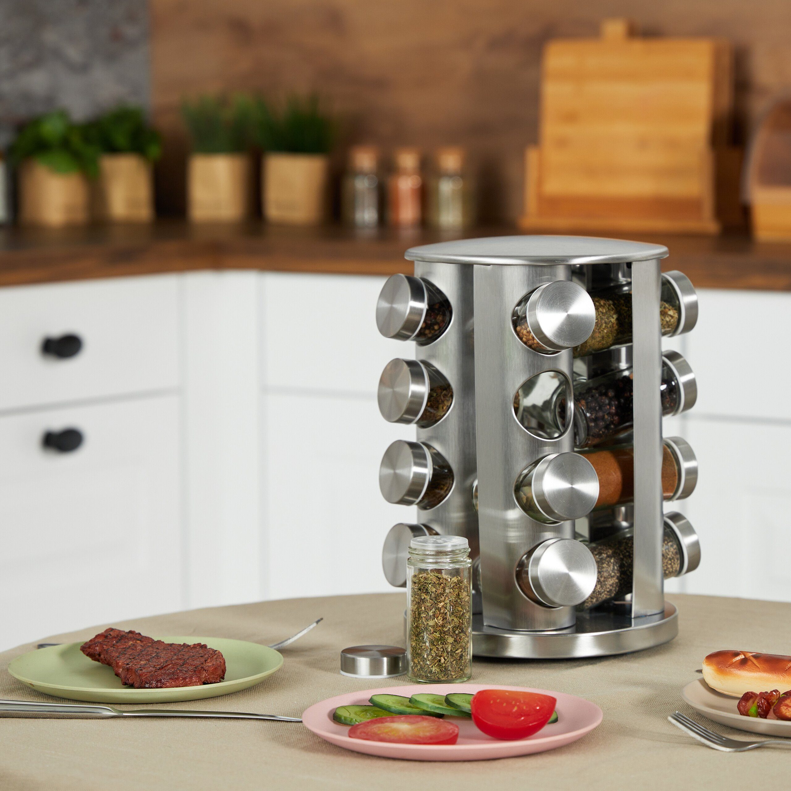 relaxdays Gewürzkarussell Edelstahl Gewürzkarussell mit 16 Gläsern