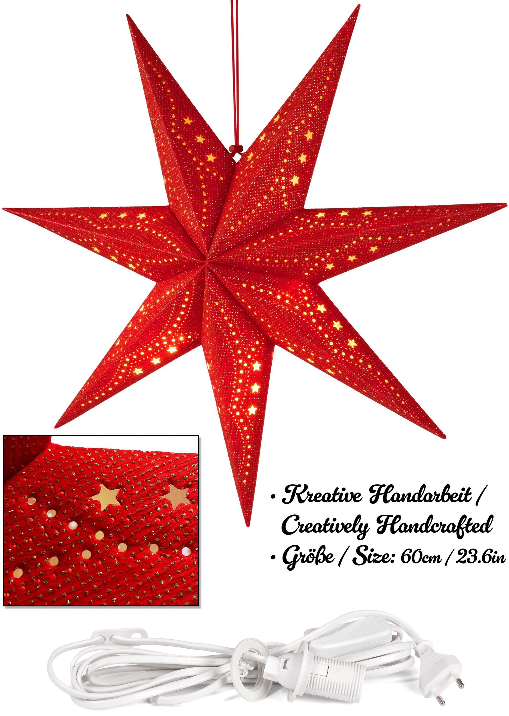 BRUBAKER Dekostern 3D Weihnachtsstern zum Aufhängen - Fenster Papierstern mit E14 Fassung, 1 St., 60 cm Deko Adventsstern - Weihnachten Leuchtstern mit 3,5 m Kabel