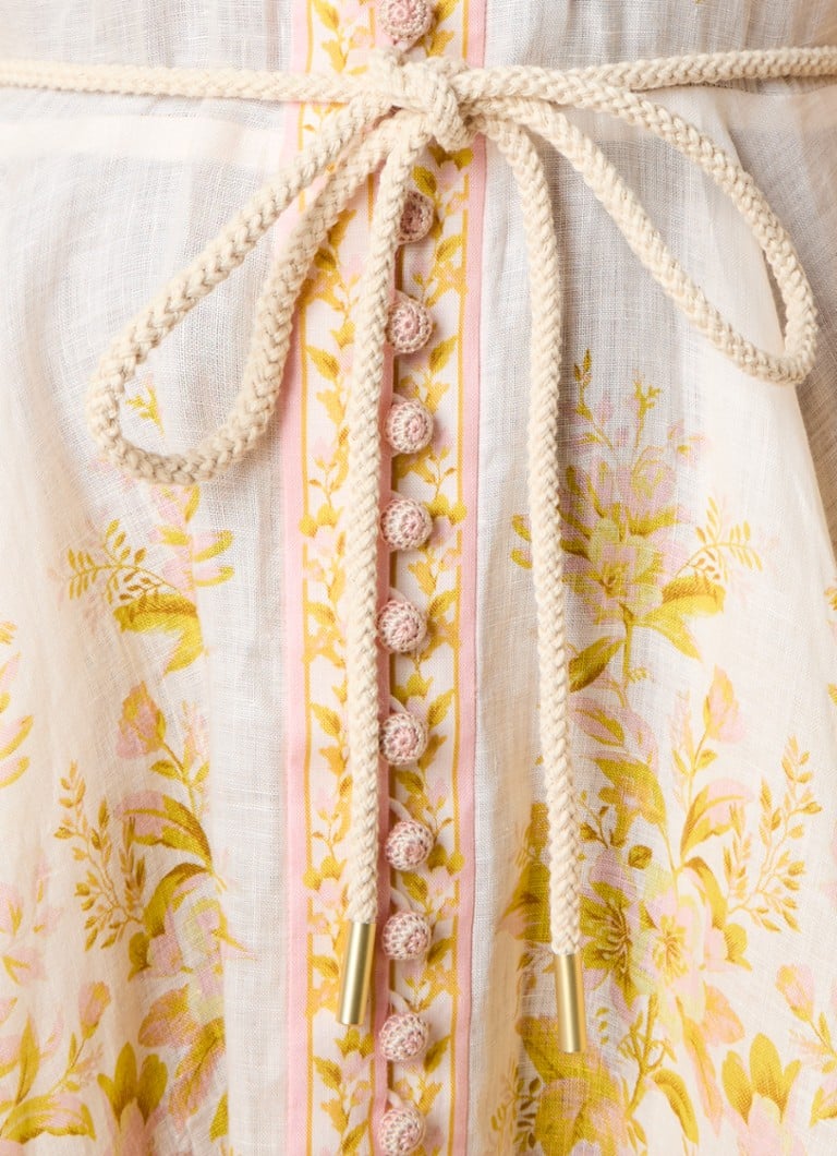 Zimmermann linen mini blouse dress with floral print and tie belt
