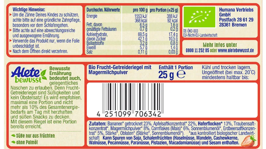 ALETE Bio Knusperriegel Banane Erdbeere Milch 25 g