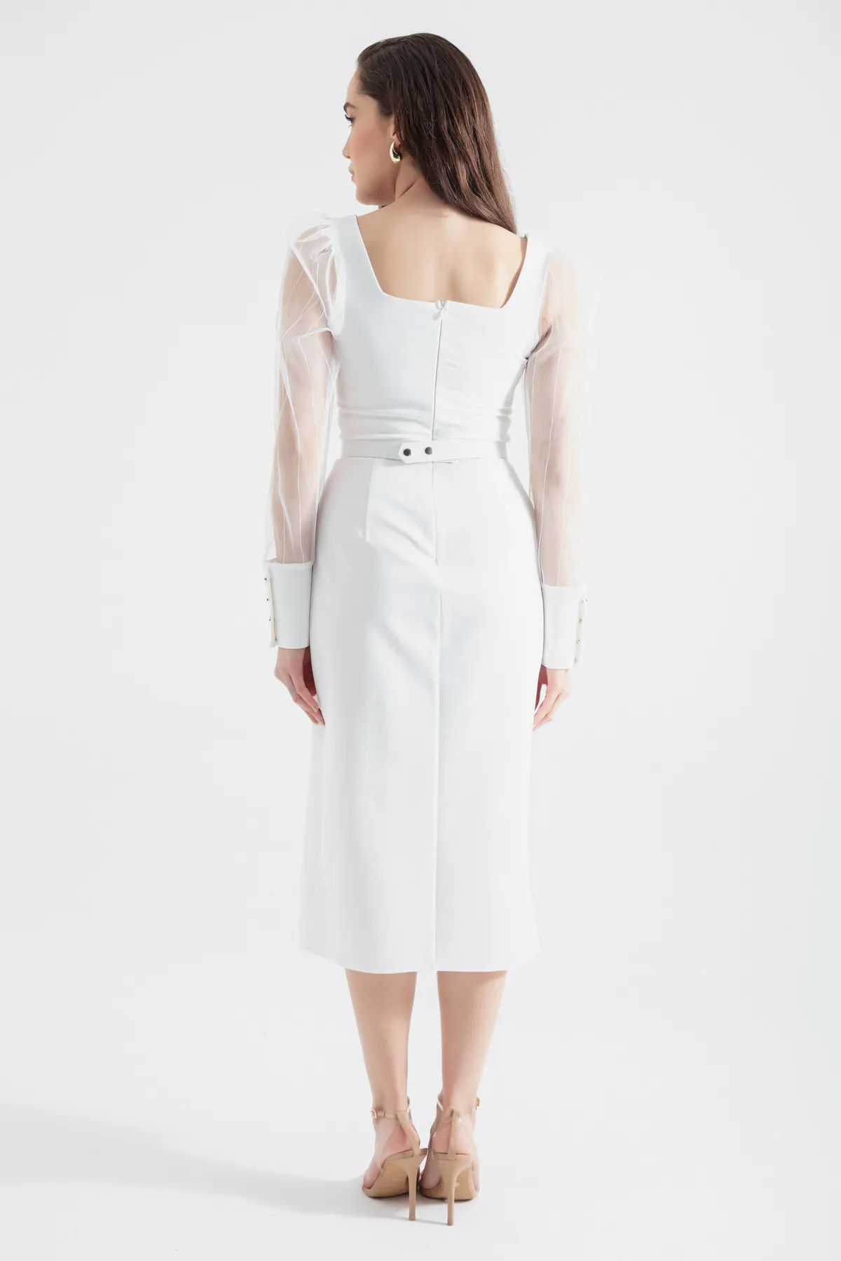 Lafaba  Weißes Midikleid für Damen mit eckigem Kragen und Schlitz