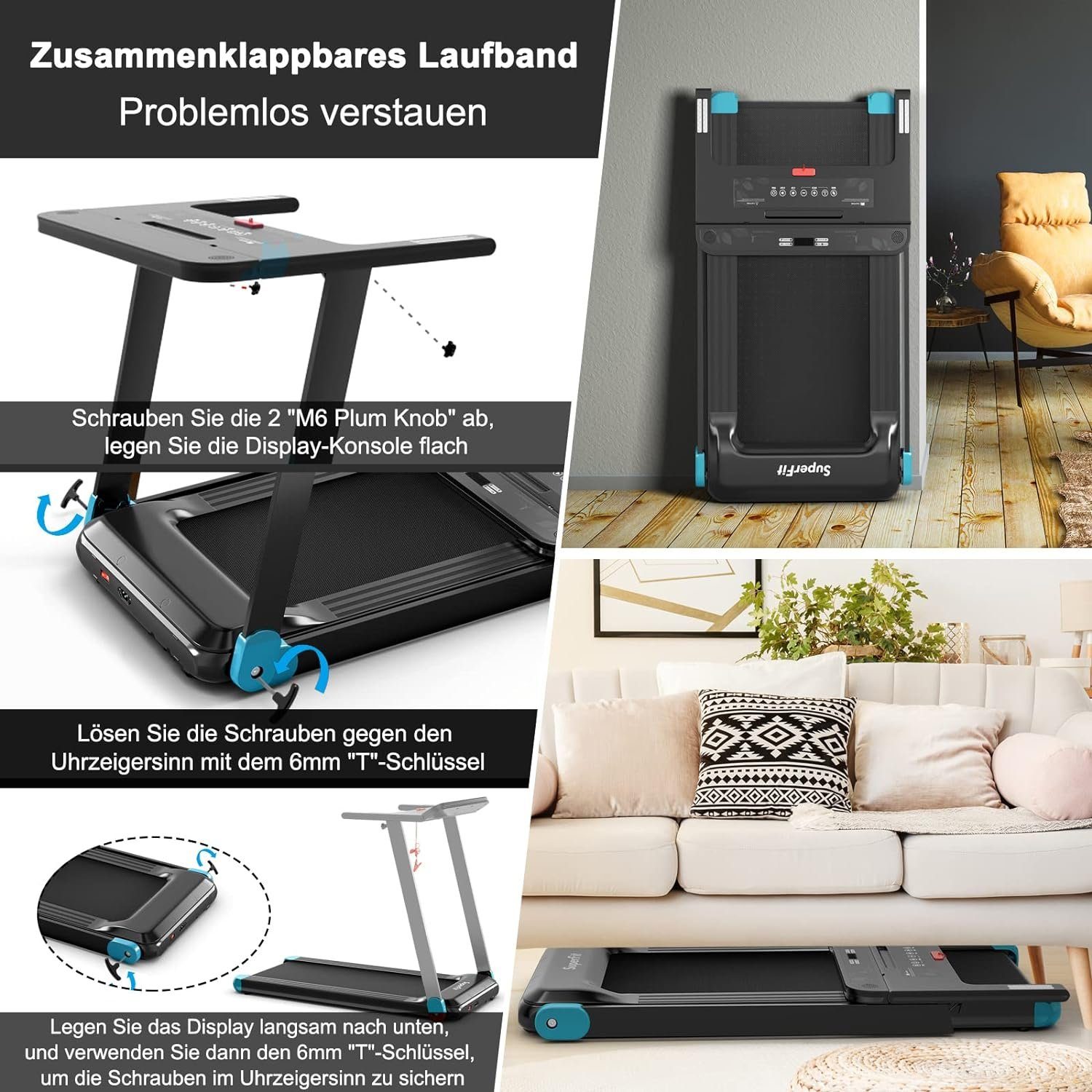 COSTWAY Laufband (klappbar Treadmil, Elektrisches Zuhause 0,75 HP Elektromotor 3 Modi), LED Display Geschwindigkeit 0-12 km/h App-kontrolliert mit Bluetooth