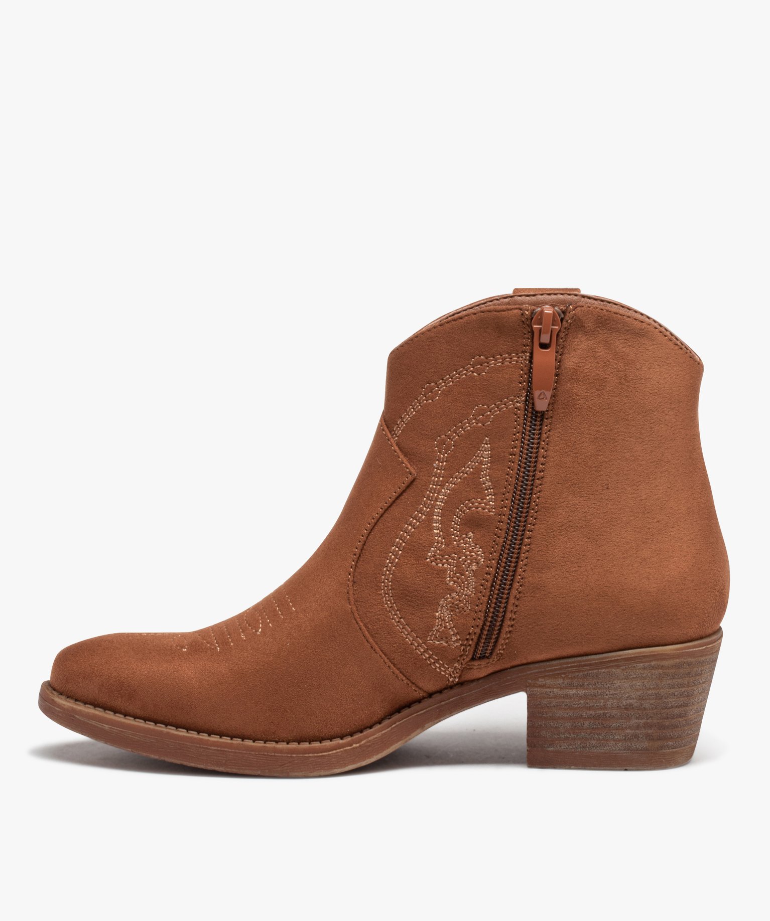 Boots santiags à talon en suédine brodée femme camel | GEMO