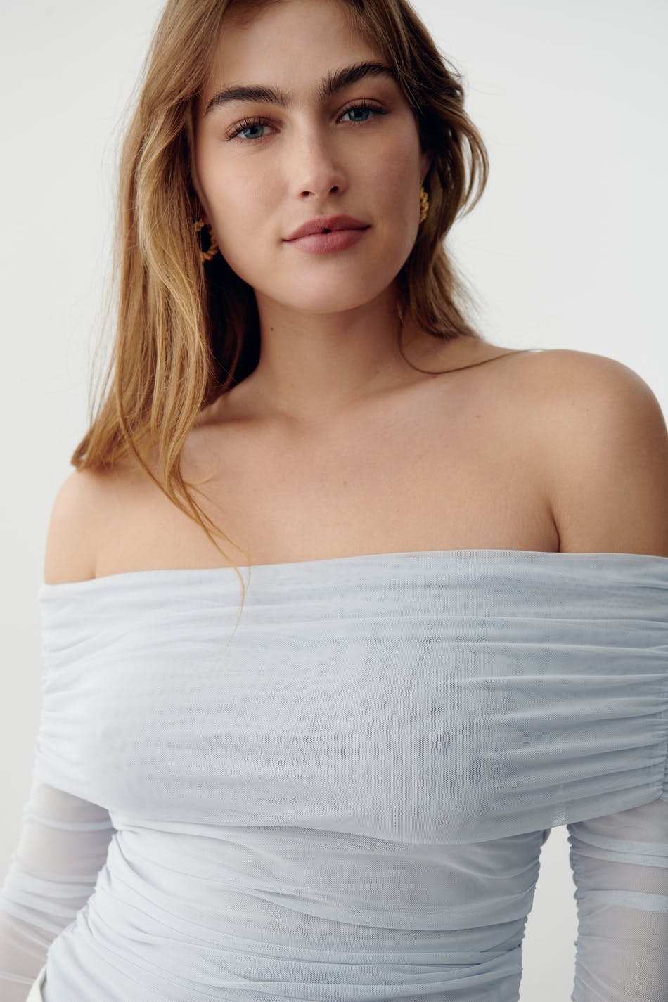 Ruched offshoulder mesh top