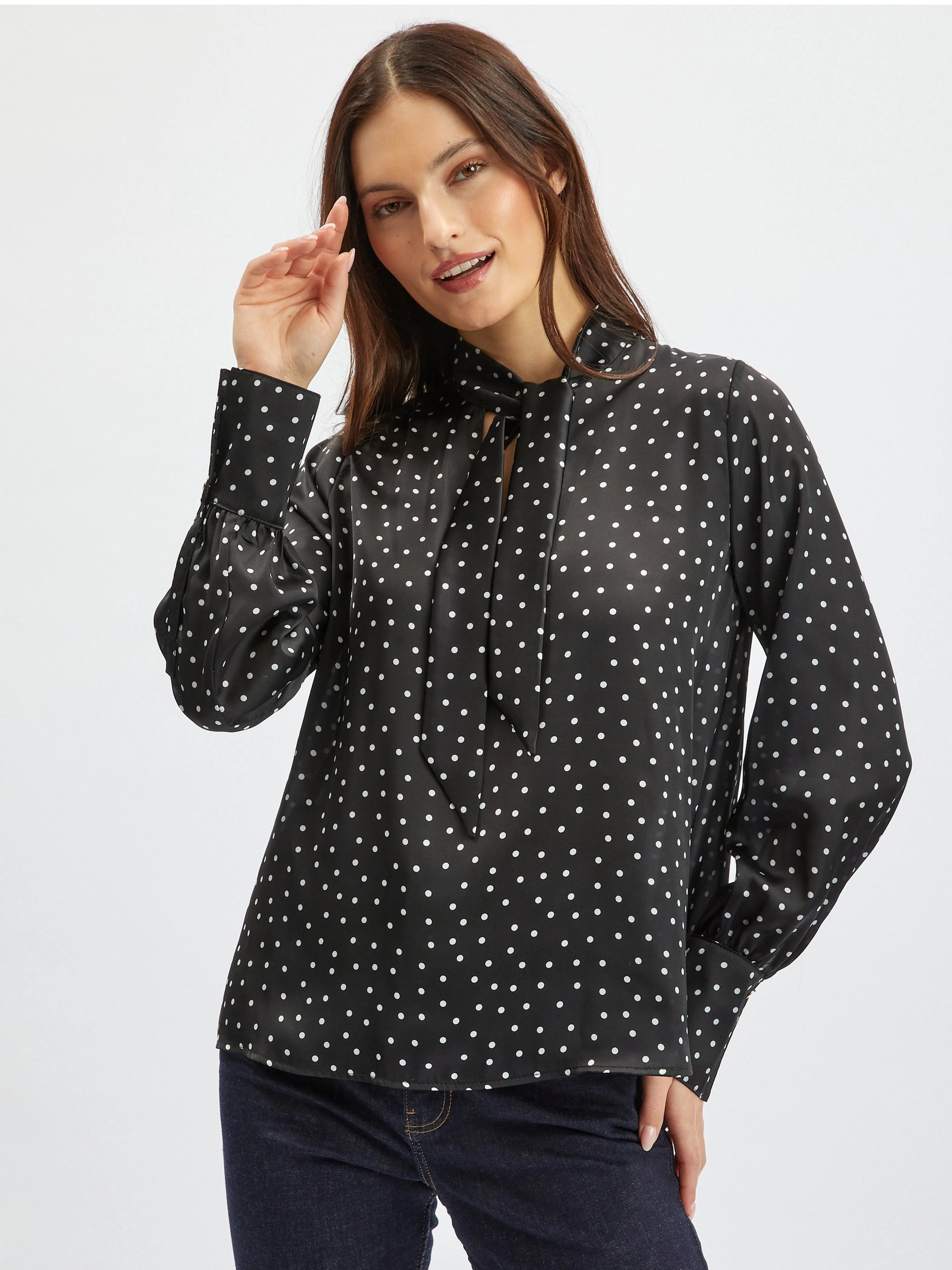 Schwarze Damen-Satin-Tupfenbluse ORSAY