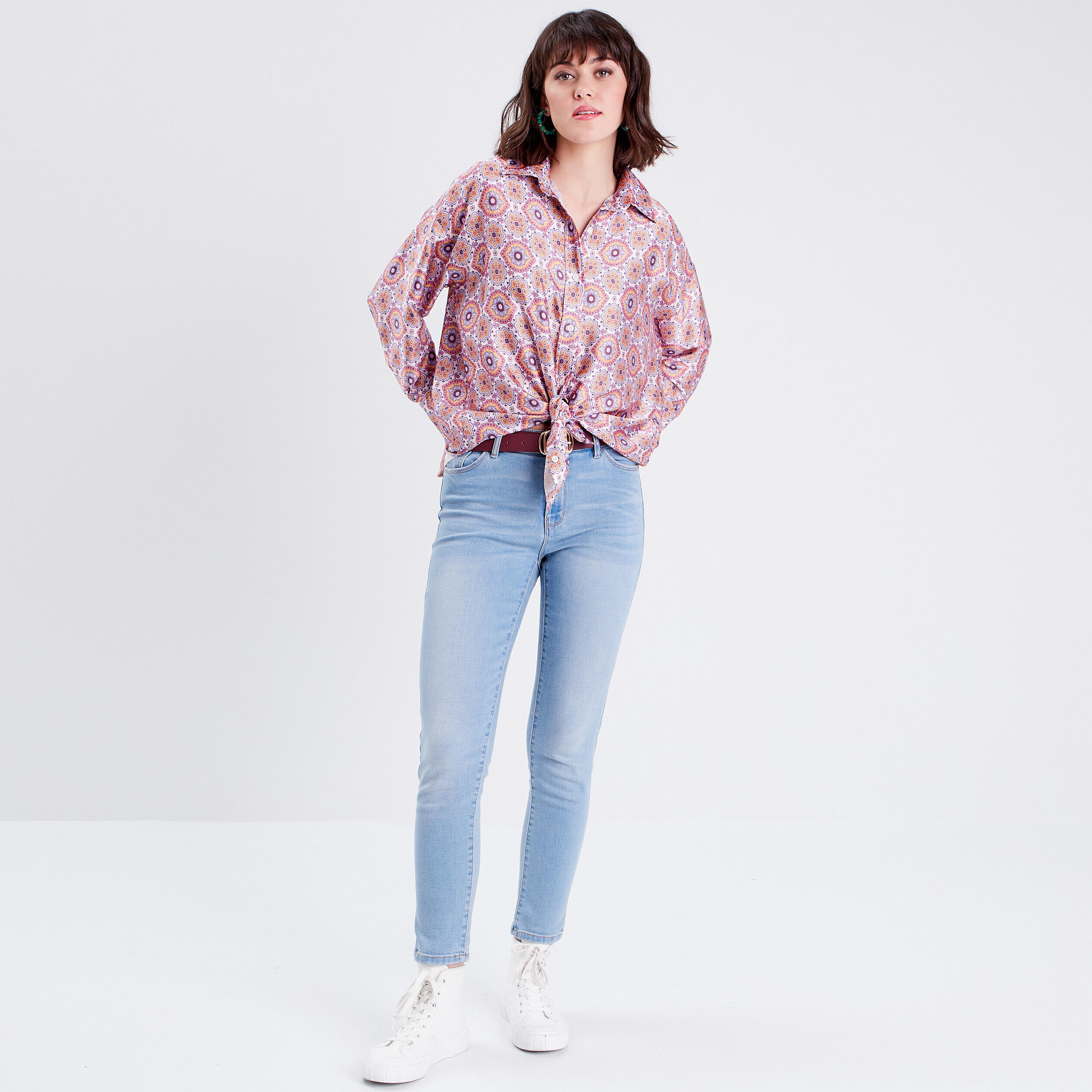 Chemise manches longues satin mauve femme | Cache Cache
