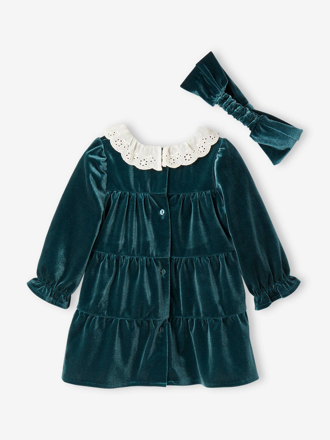Vertbaudet Mädchen Baby Weihnachts-Geschenkset: Samtkleid & Haarband - smaragdgrün
