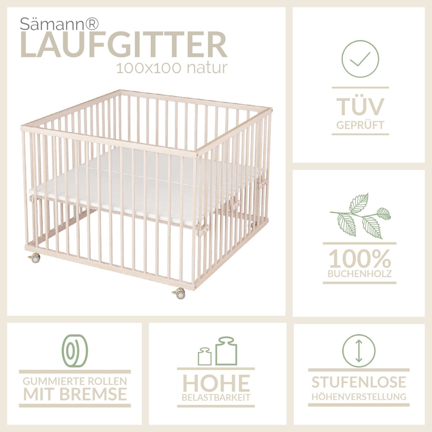 Sämann Laufgitter 100x100 cm mit Matratze, TÜV geprüft 2021, stufenlos höhenverstellbar