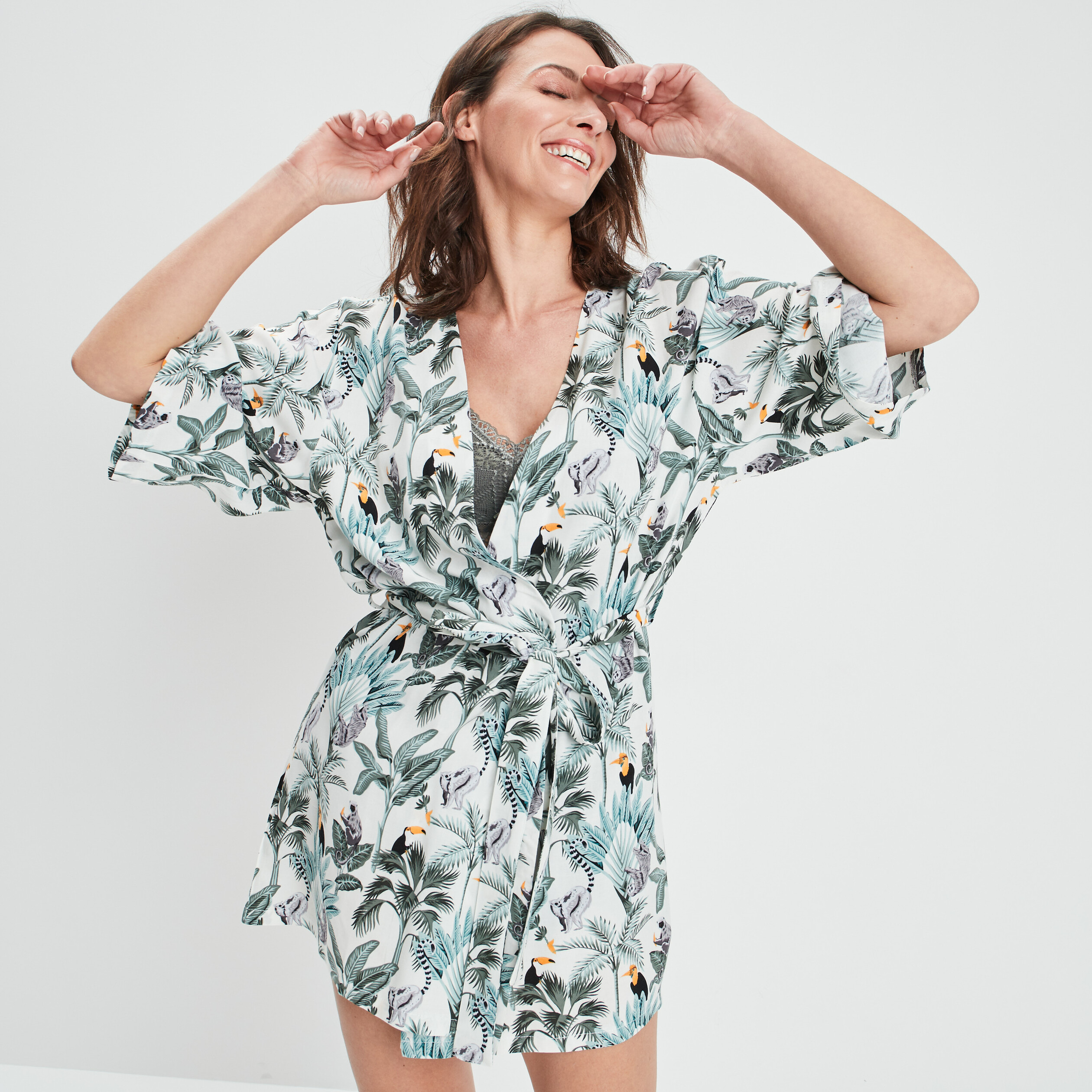Déshabillé style kimono fluide ecru femme | La Halle
