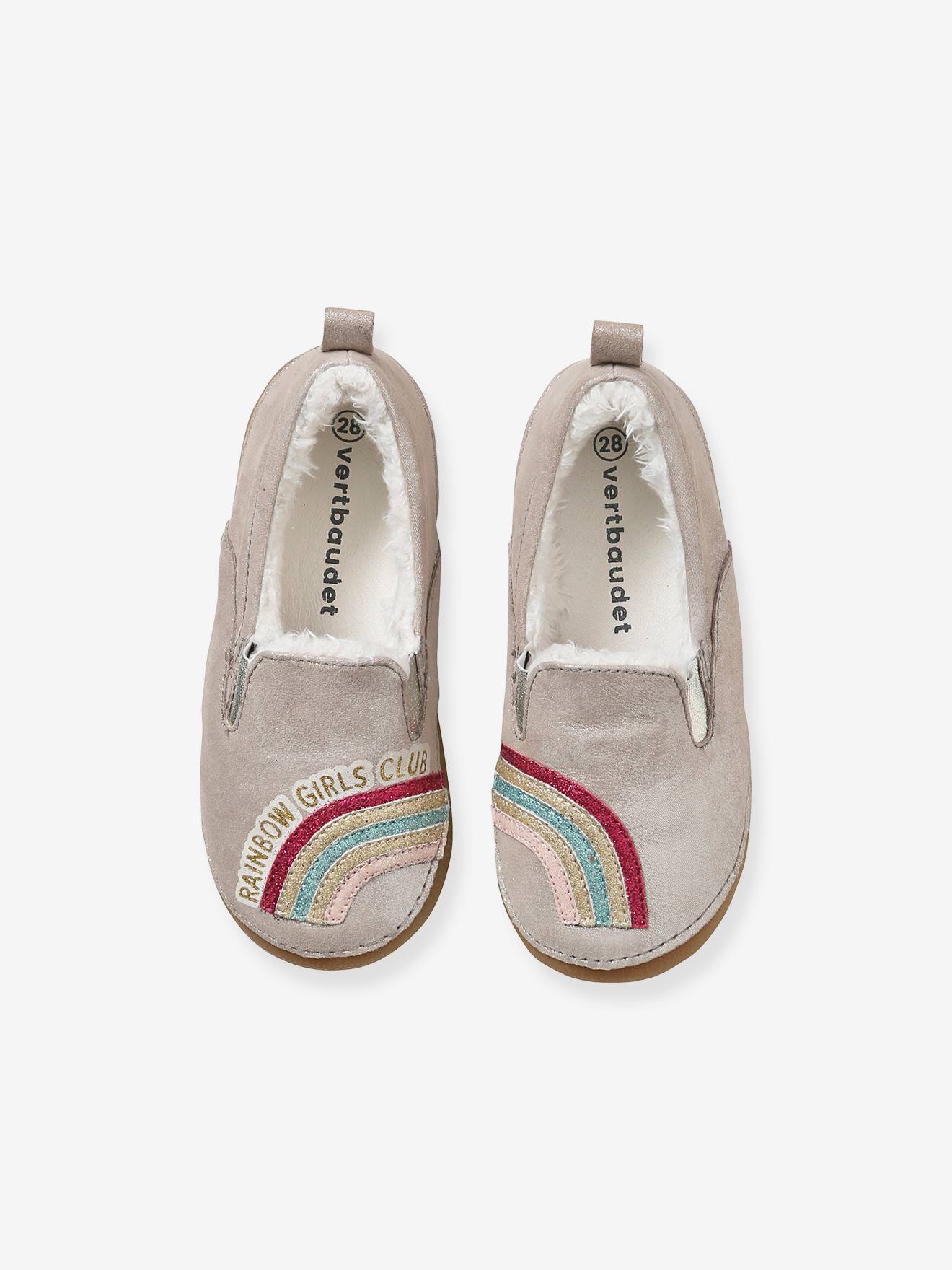 Chaussons fourrés élastiqués fille en cuir beige pailleté