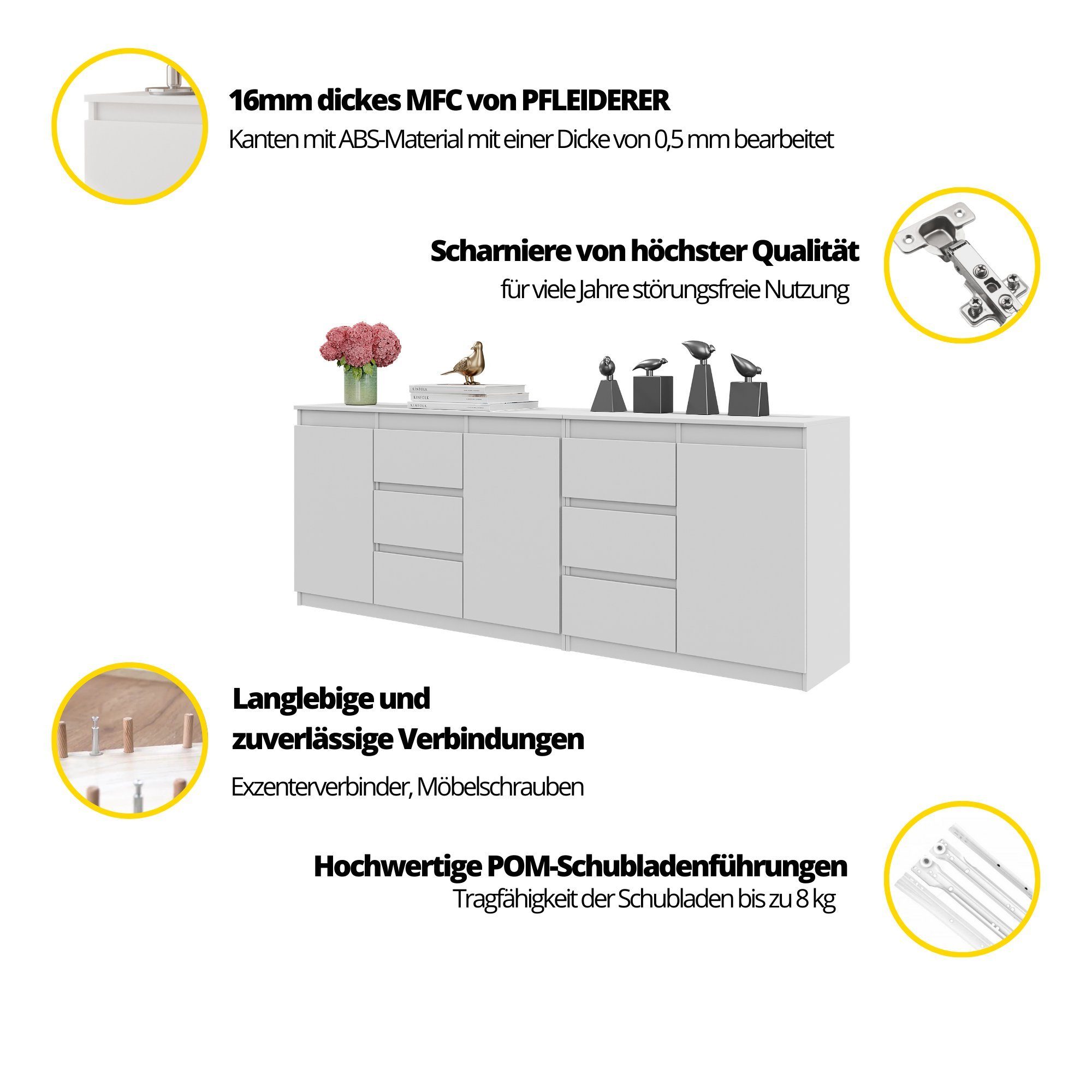Furnica Kommode MIKEL, 6 Schubladen und 3 Türen - Anthrazit Grau H75cm B200cm T35cm
