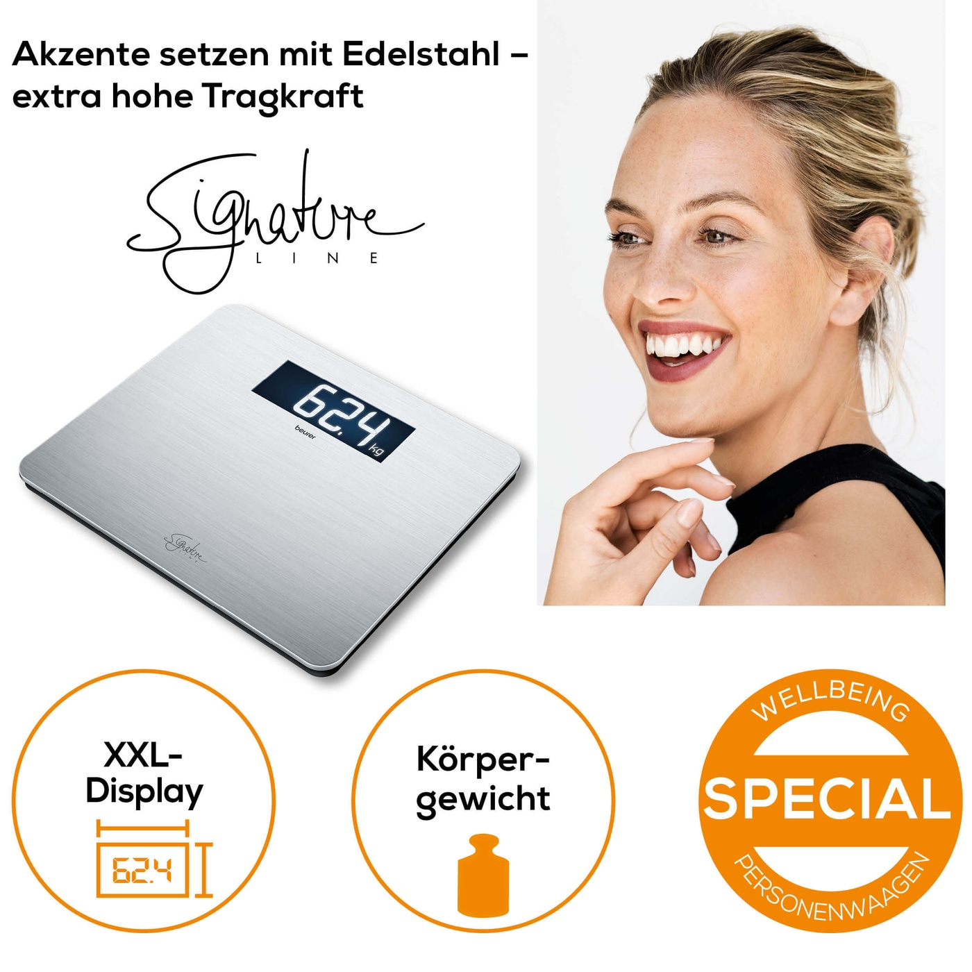 Beurer Edelstahlwaage GS 405 SignatureLine-Glaswaage im XXL-Format mit hochwertiger Edelstahloberfläche - bis 200 kg