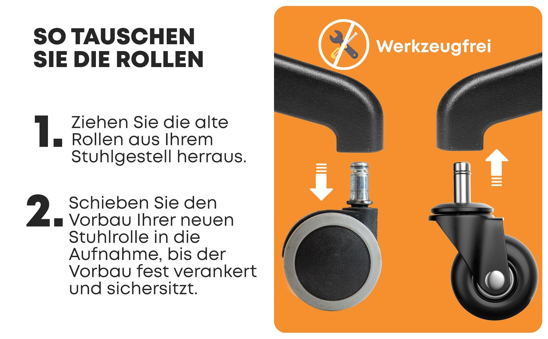 AMZHANDEL Stuhlrolle Hartbodenrollen Ø48mm für Ihren Bürostuhl mit 10 oder 11mm Stift, (5xBürostuhlrollen, 5-St), vermeidet Kratzer & Macken