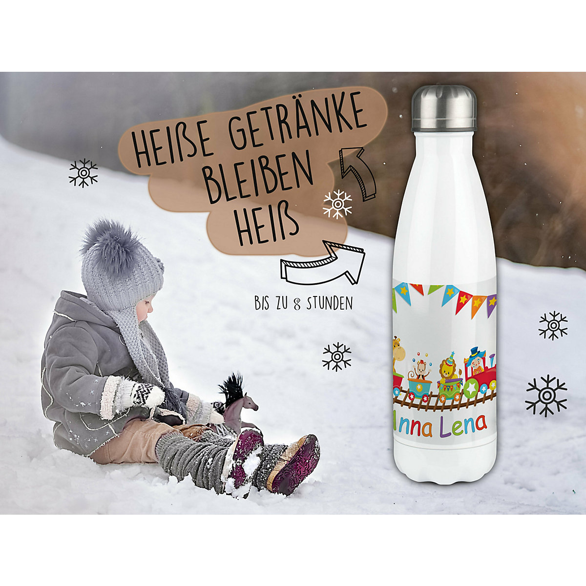 Edelstahl Kinder Thermoflasche / Trinkflasche bunt Zug Spülmaschinenfest, Auslaufsicher, Bruchfest, Doppelwandig, Für Heißgetränke geeignet, Mit Deckel, Isoliert
