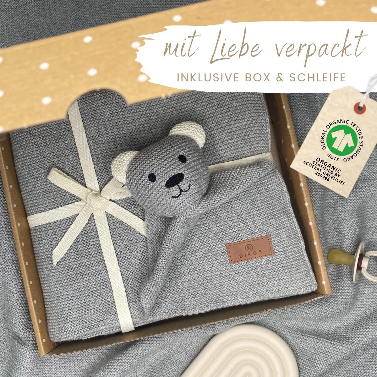 Babydecke DIKOS® Babydecke SCHMUSE-Bär Baby Geschenk Mädchen Junge Geschenkset, DIKOS, Geschenk zur Geburt, PREMIUM Qualität, 100 % BIO Baumwolle, nachhaltig