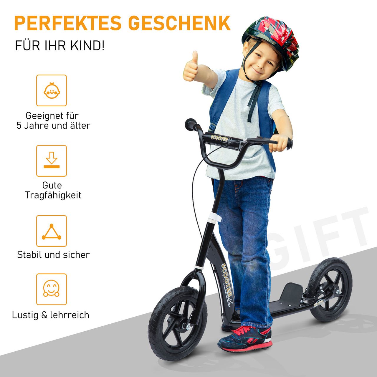 HOMCOM Kinderroller mit Hinterbremse 12 Zoll Scooter Tretroller EVA Schwarz