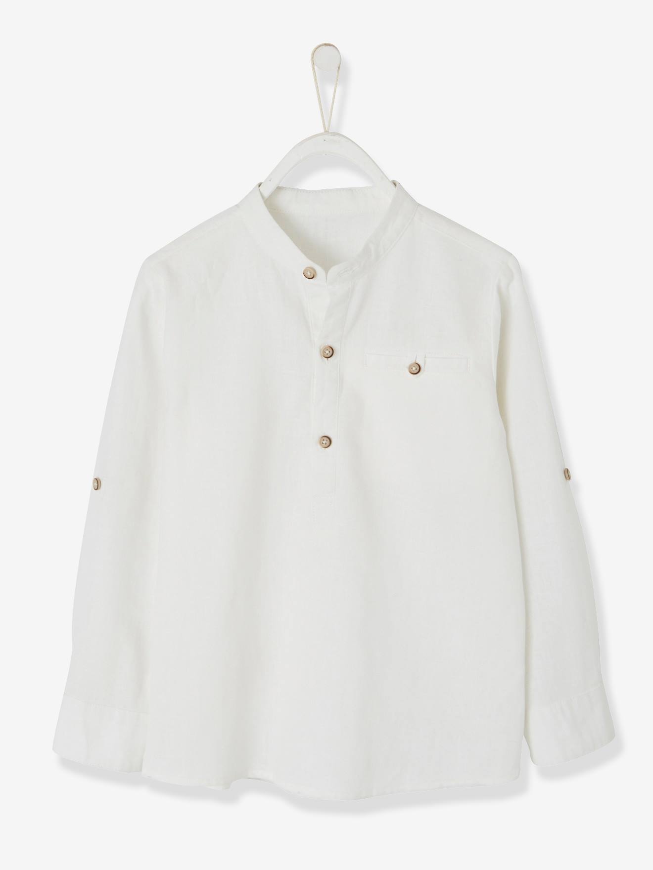 Chemise col Mao garçon en coton/lin manches longues vert