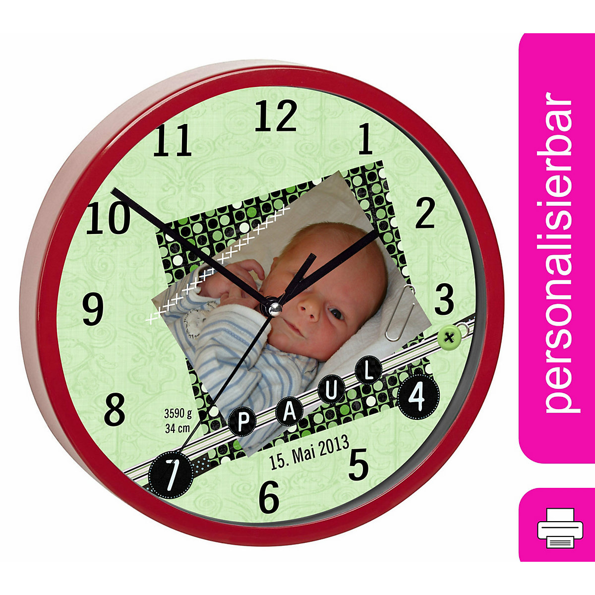 Kinder Wanduhr personalisiert mit Name Scrapbooking grün