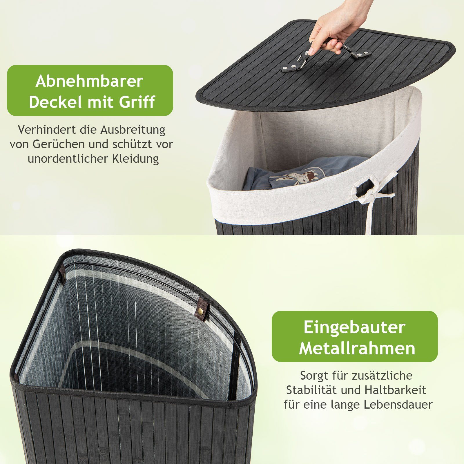 COSTWAY Wäschekorb, mit Deckel, 58L, Bambus, mit ausnehmbarer Innentasche