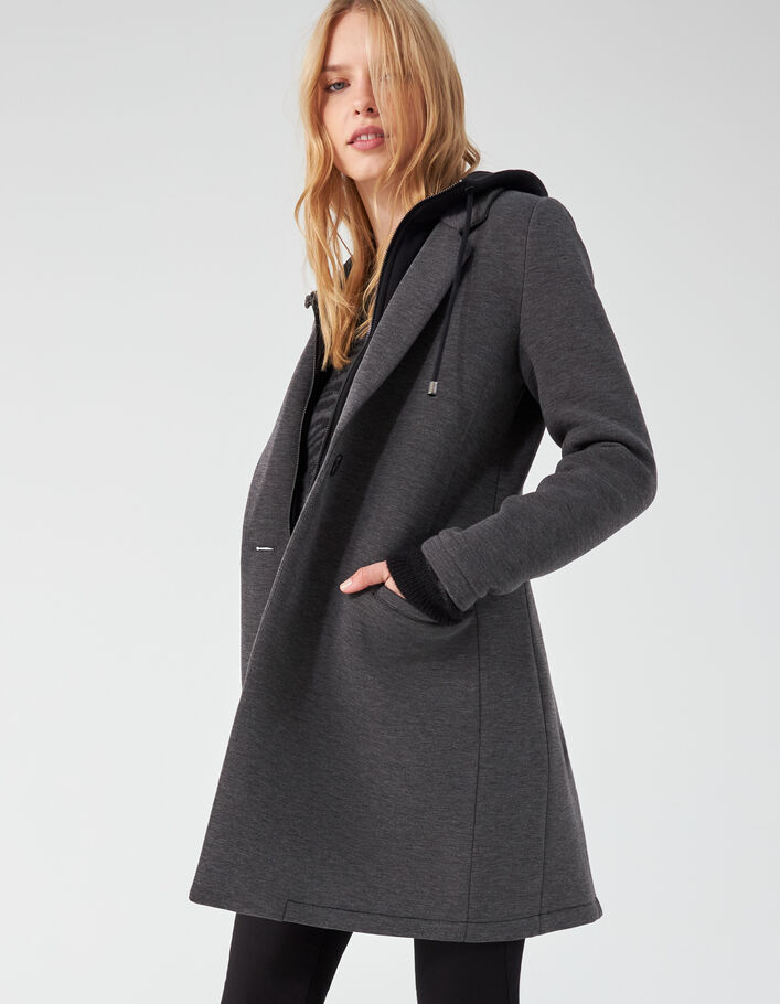 Manteau long en néoprène et capuche amovible femme