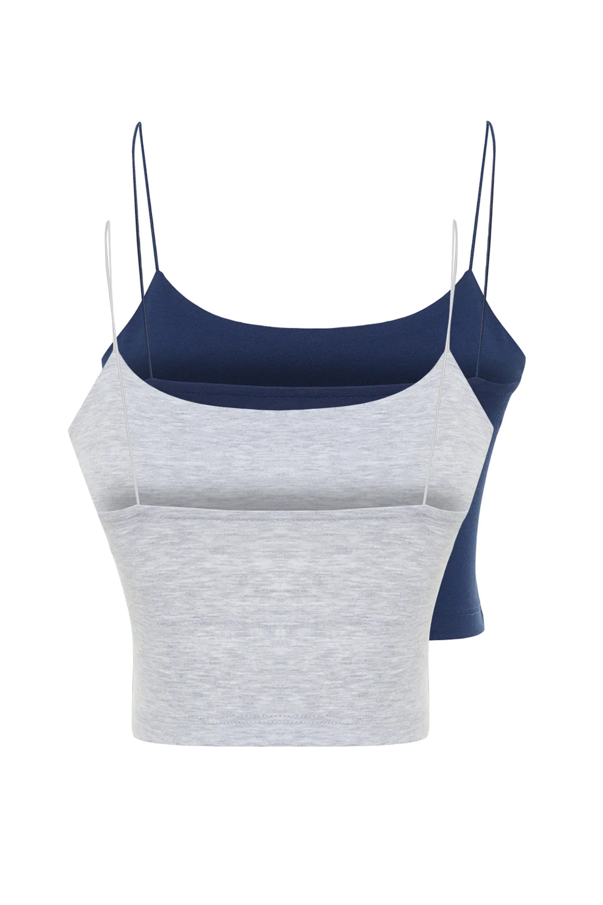 Trendyol Collection  Marineblau-Hellgrau-Melange, 2er-Pack Baumwoll-Tanktops mit Spaghettiträgern und flexiblem Strickmuster TWOSS21AL0196