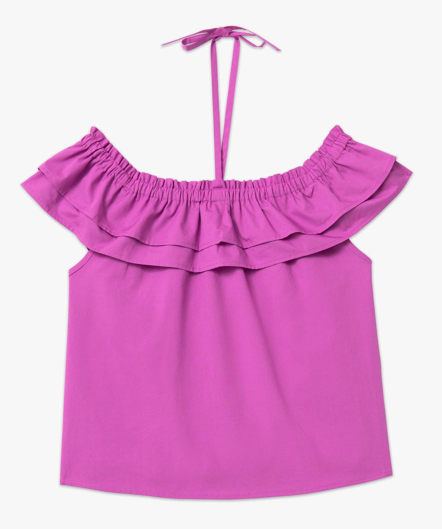 Blouse femme col Bardot à volants et liens fantaisie violet | GEMO