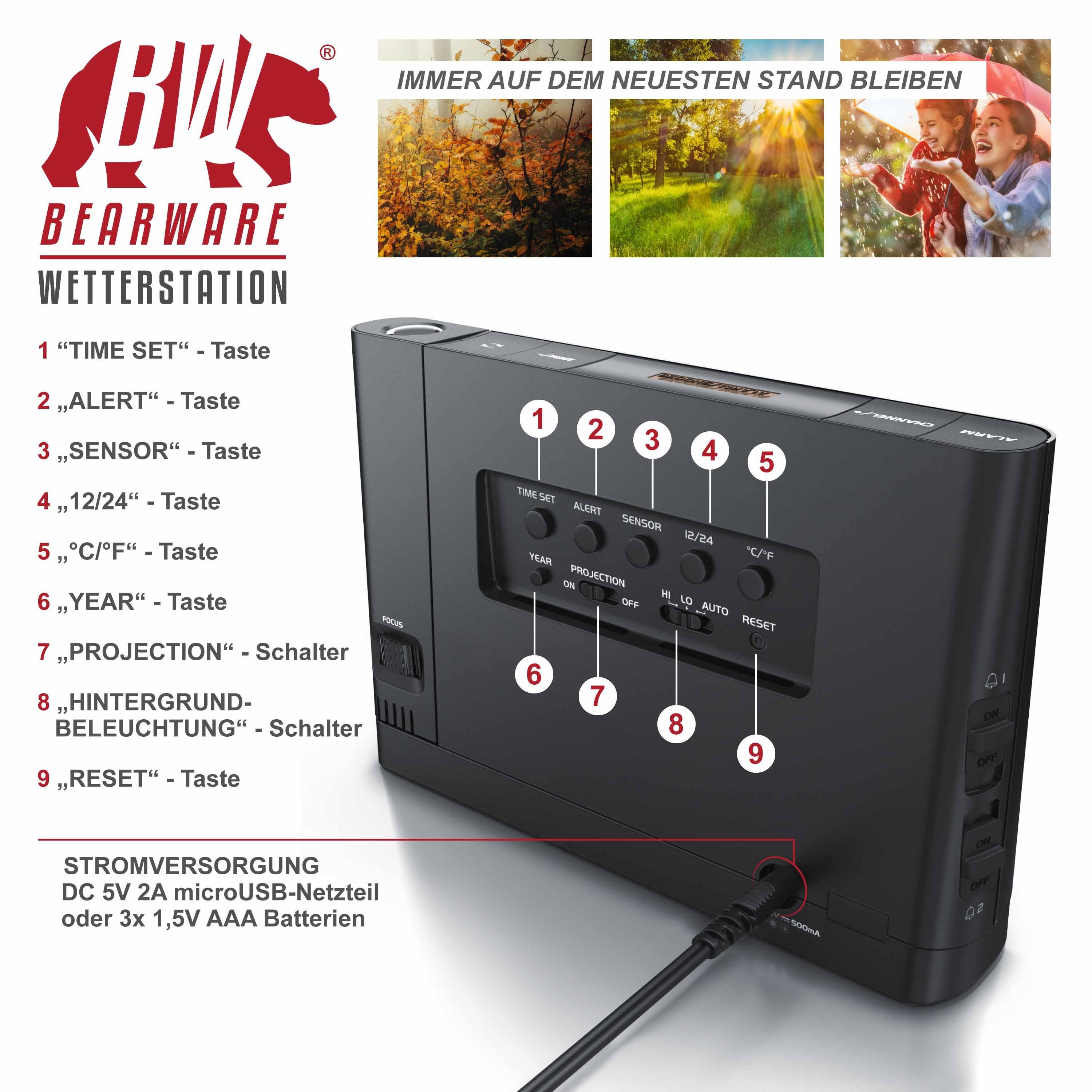 BEARWARE Wetterstation (mit Außensensor, Funkwetterstation mit Projektion (um 180° drehbar) & Farbdisplay)