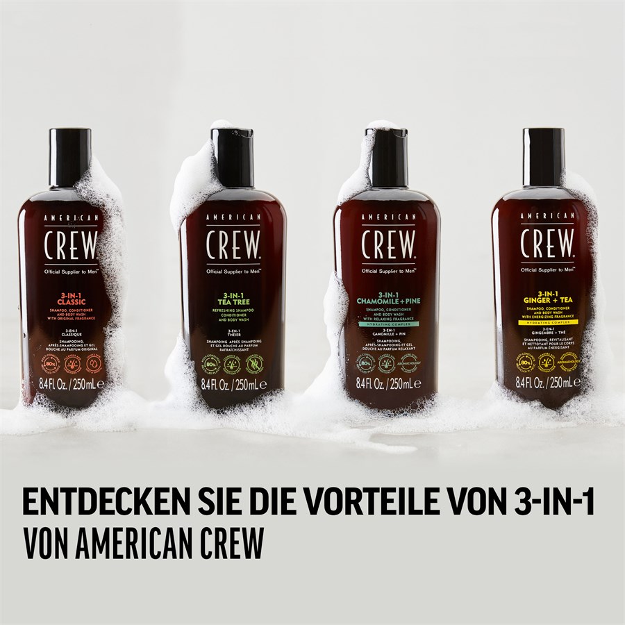 Shampoing, après-shampoing et gel douche rafraîchissants 3 en 1 à l'arbre à thé American Crew