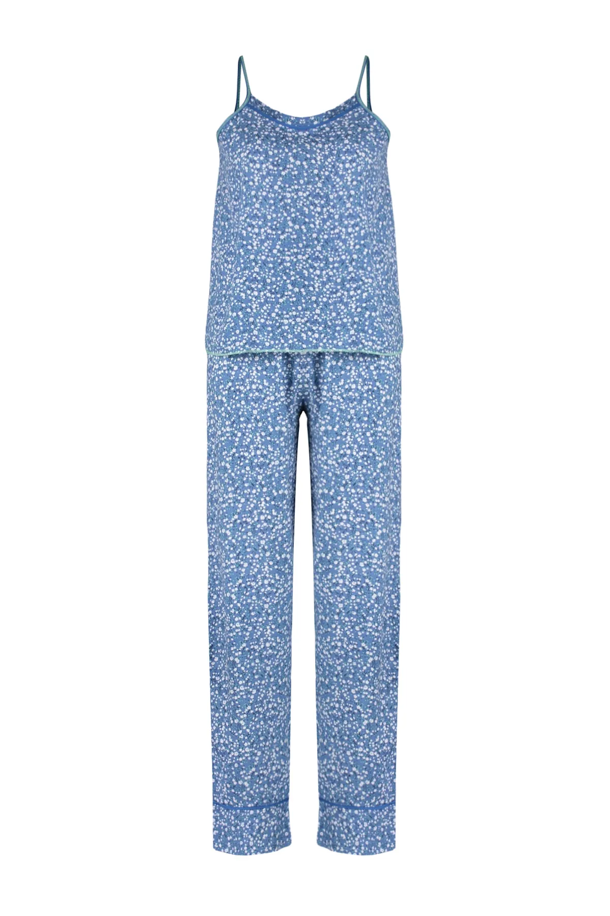 Trendyol Collection  Nachtwäsche-Set mit blauen Blumenmustern und Kordelriemen, 100 % Baumwolle – THMSS24PT00307