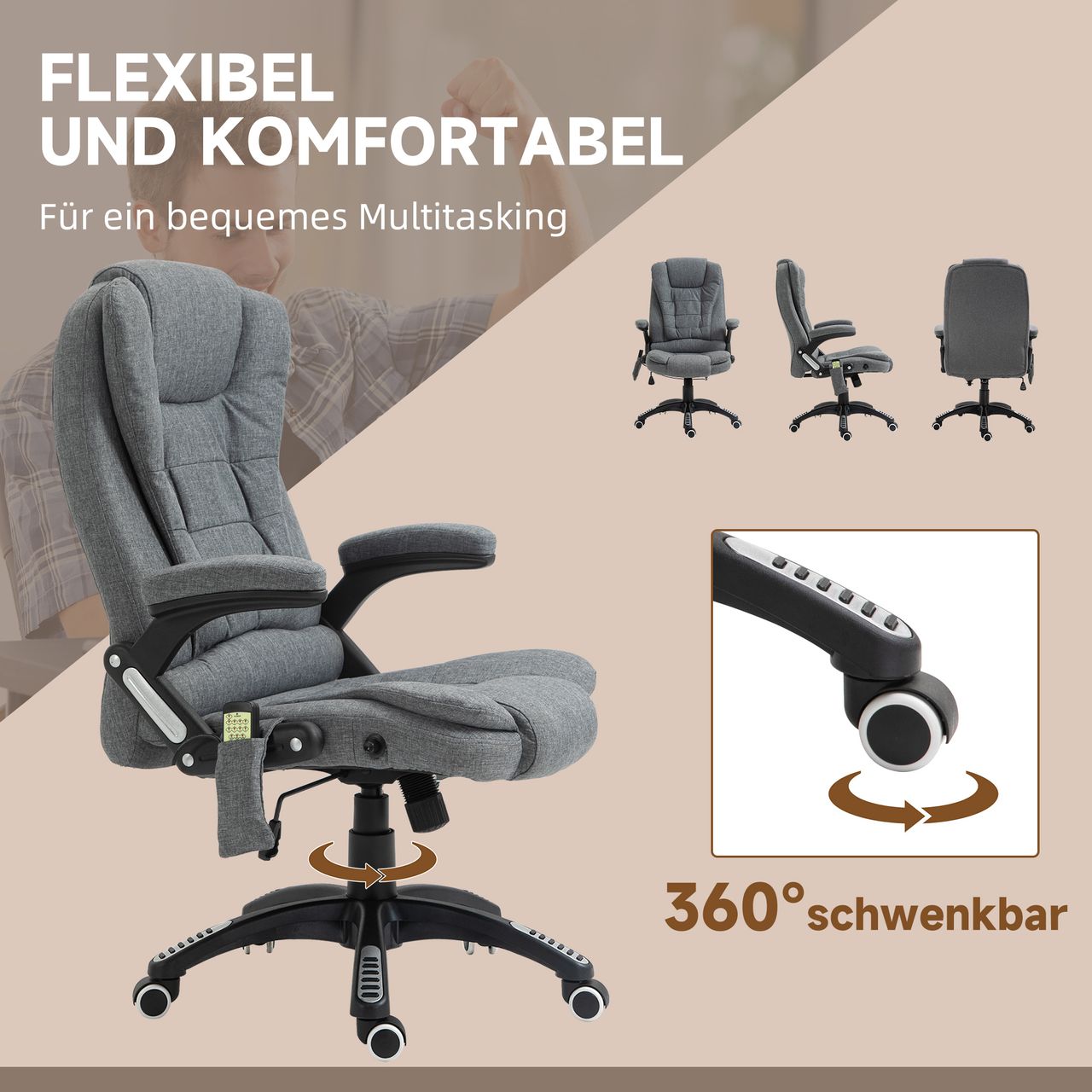 Vinsetto Massagesessel Chefsessel mit Massagefunktion höhenverstellbarer Drehstuhl ergonomischer Gamingstuhl Bürostuhl massage Dunkelgrau 68 x 72 x 110–120 cm