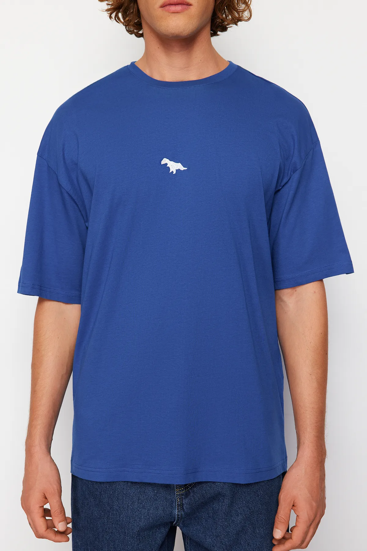 Trendyol Collection  Indigofarbenes, übergroßes/weit geschnittenes, kurzärmliges, mit Dinosauriern besticktes T-Shirt aus 100 % Baumwolle TMNSS23TS00243