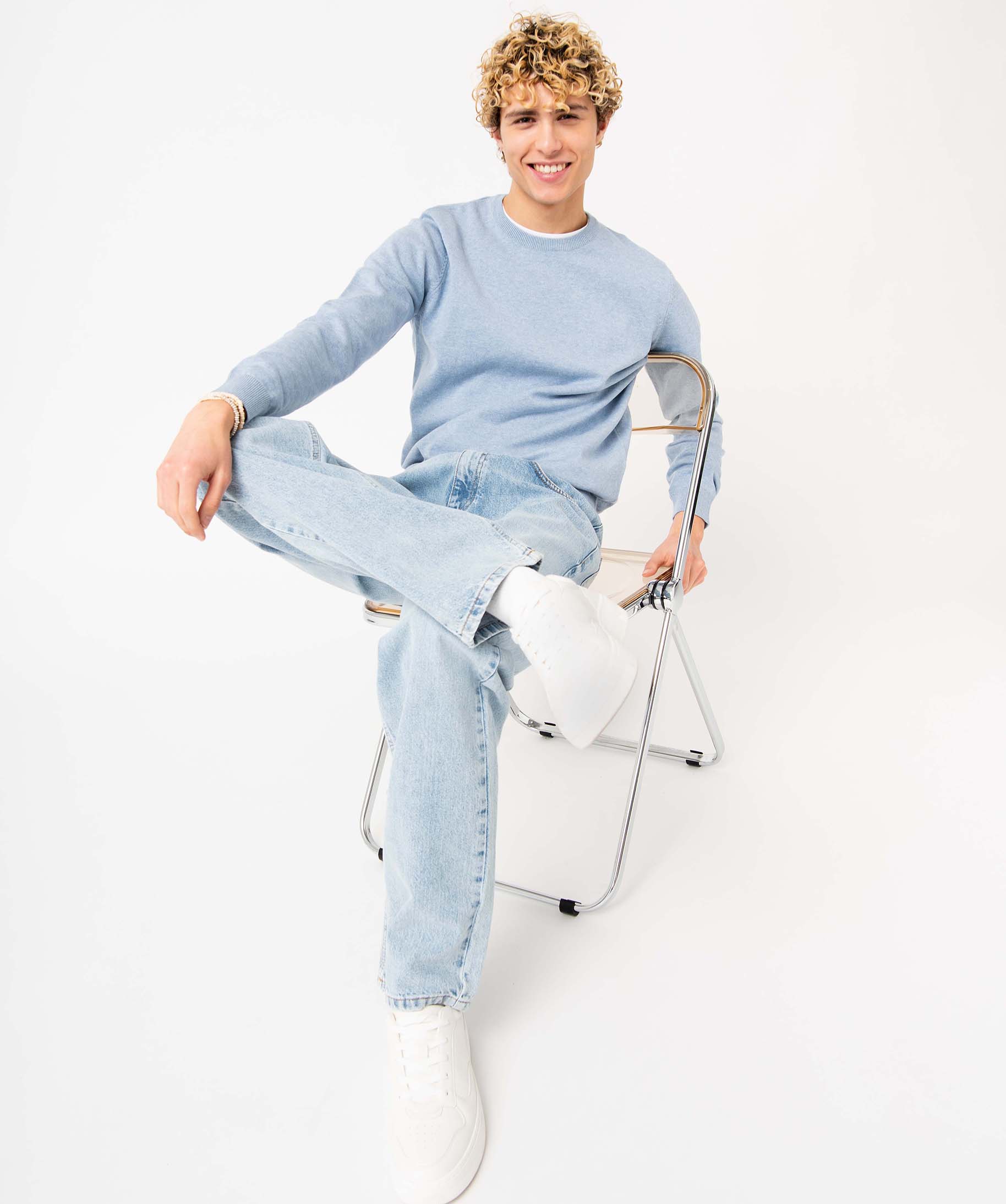 Pull homme à col rond en coton bleu | GEMO