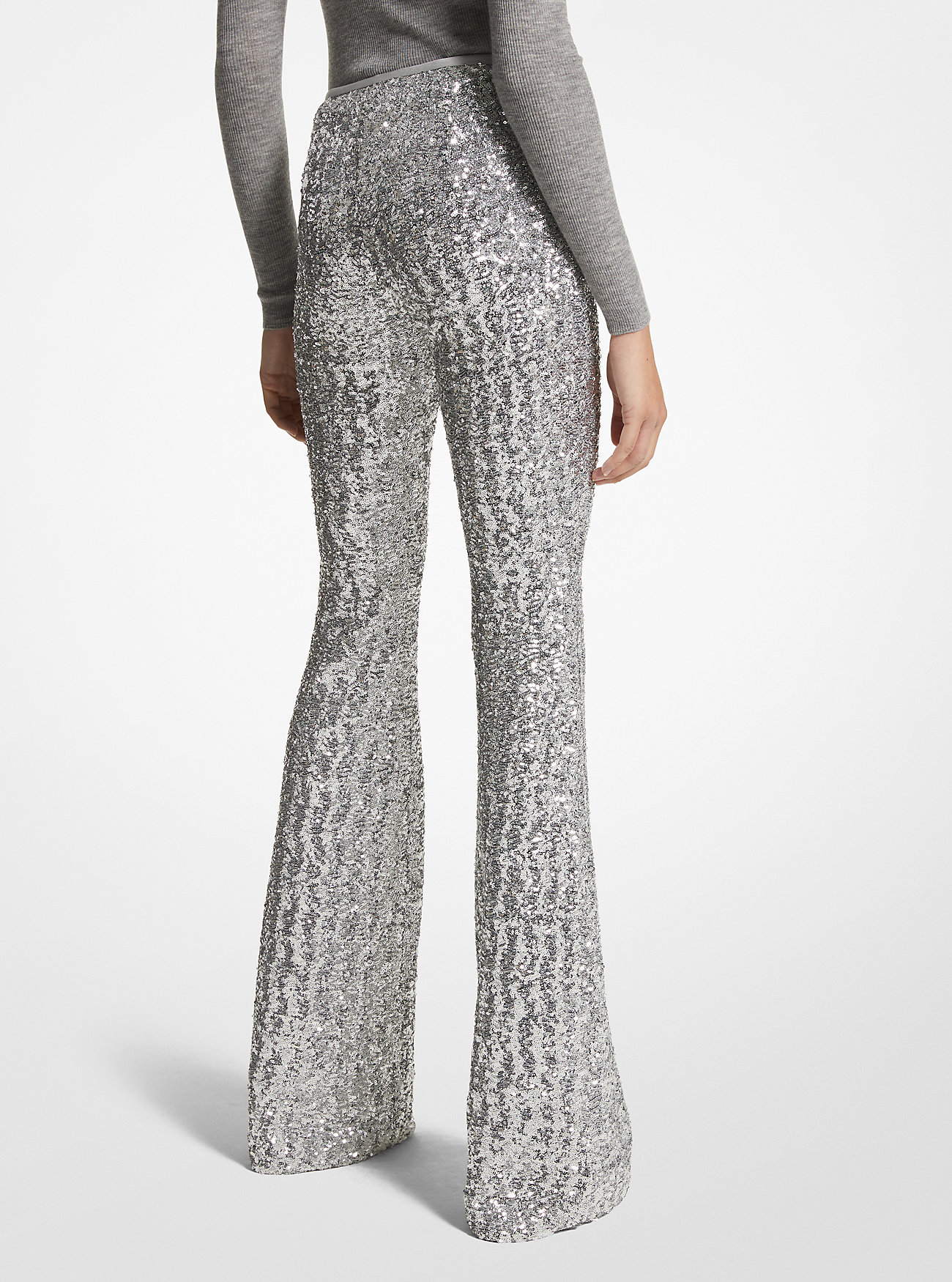 Sequined Stretch Tulle Flared Pants - SILVER