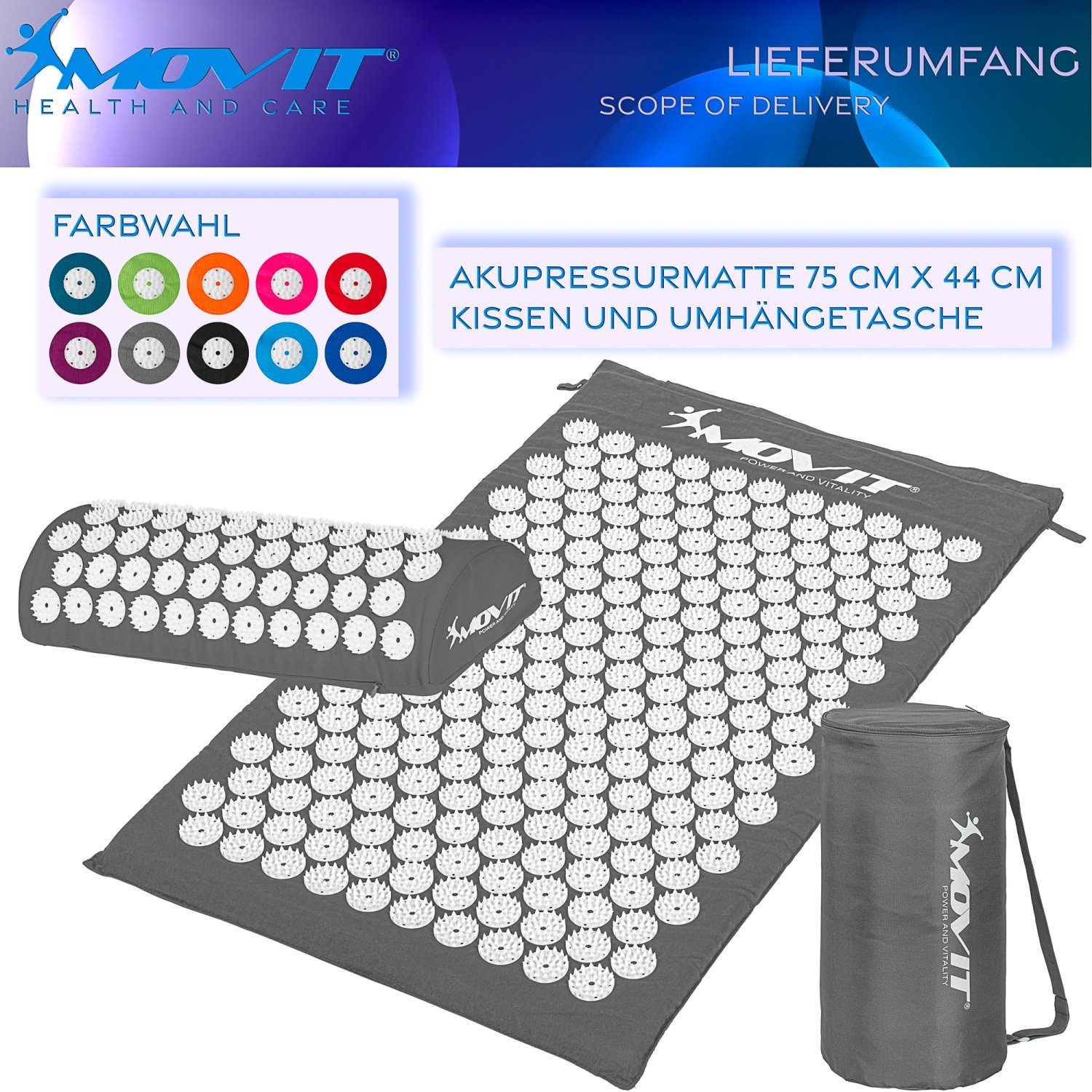 MOVIT Akupressurmatte Movit® Akupressur-Set Akupressurmatte inkl. Kissen (Set, 3-St., 3er-Set), 75 x 44 x 2,5cm oder 130 x 50 x 2,5cm, Bezug 100% Baumwolle, 10 Farben