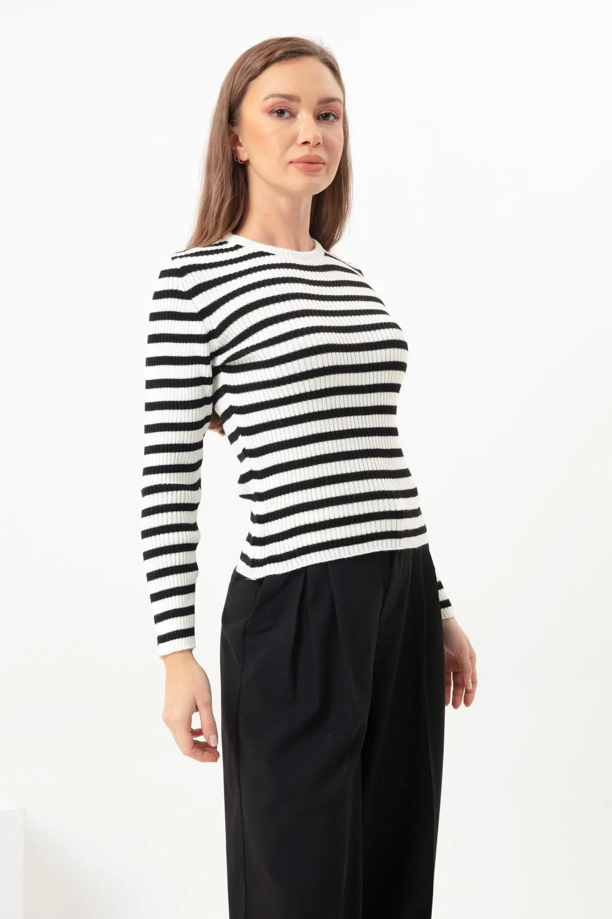 Lafaba  Weiß gestreifter, gerippter Lycra-Strickpullover für Damen