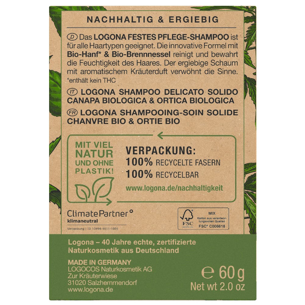LOGONA Festes Pflege Shampoo Bio-Hanf & Bio-Brennnessel 60 g