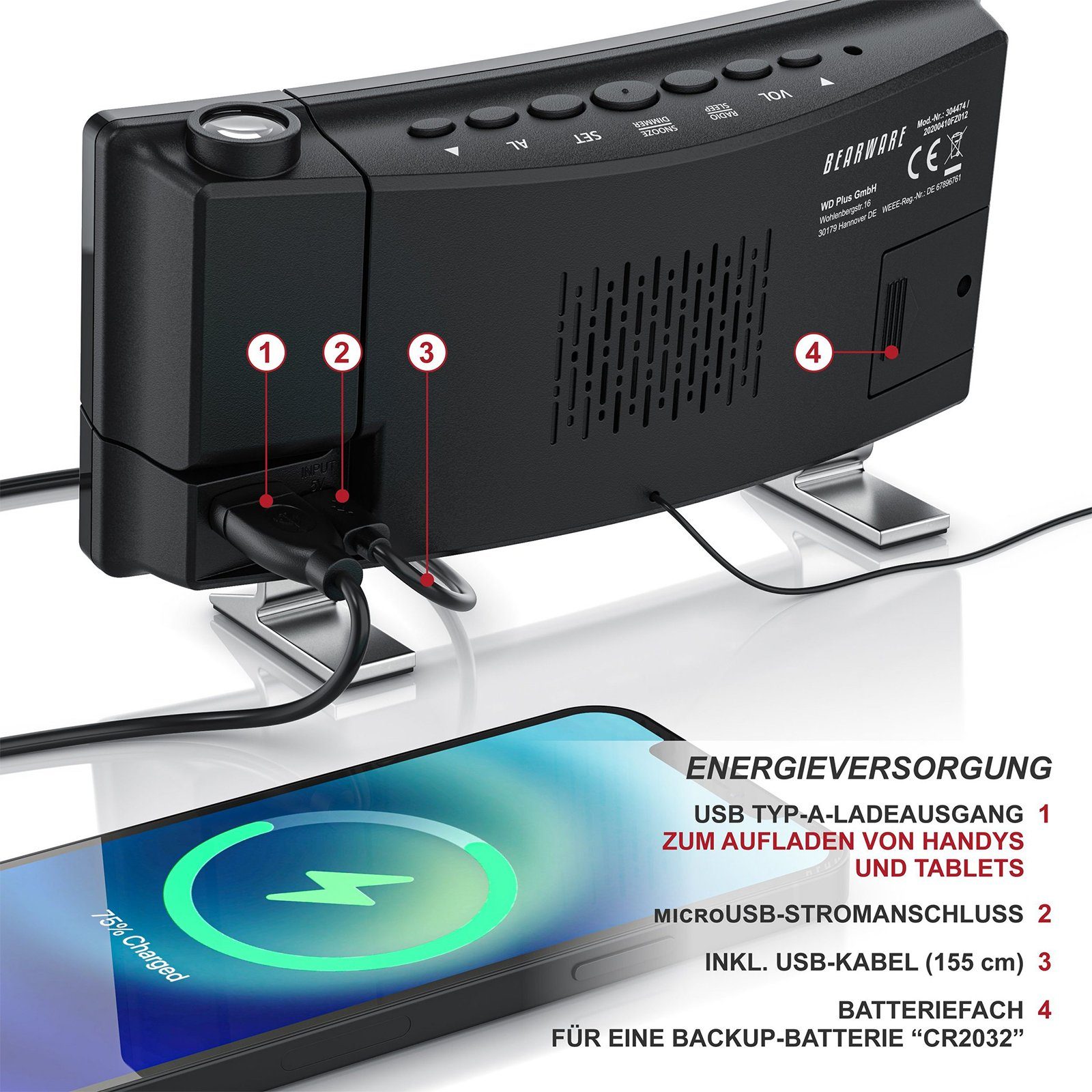 REDOM Projektionswecker Digital Wecker Radiowecker Digitalwecker Projektion LED Alarm Radio ohne Akku Projektion 180 ° LED-Alarm Temperatur 12/24H USB-Anschluss